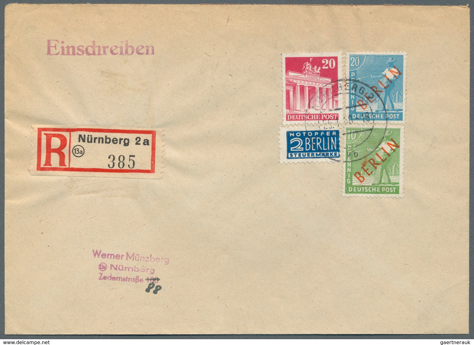 Berlin: Ortsbrief Einschreiben 50 Pf. ( 10 + 40 R ) Mit 10 Und 20 Pf. Rotaufdruck, Dazu 20 Pf. Bizon - Other & Unclassified