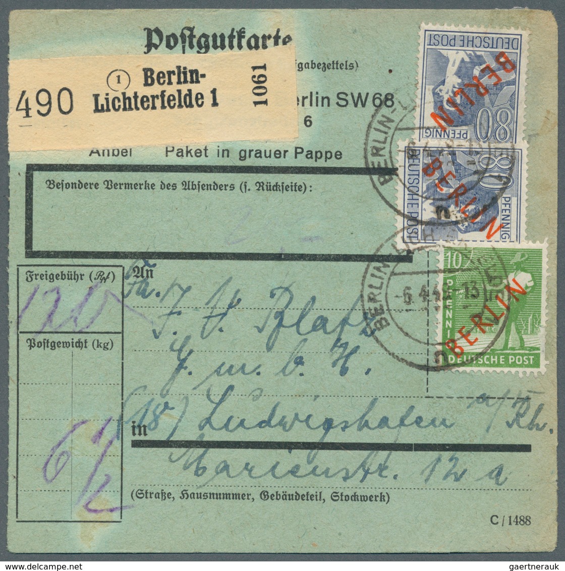 Berlin: 1949: Paketkarte über 6 ½ Kg – DM 1,70 Mit 10 Pf. Und 2 X 80 Pf. Rotaufdruck Ab Berlin-Licht - Sonstige & Ohne Zuordnung