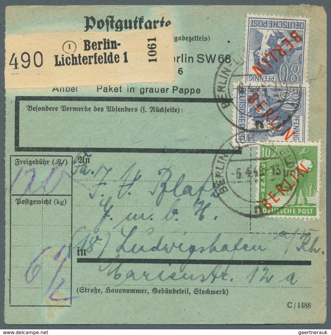 Berlin: 1949: Paketkarte über 6 ½ Kg – DM 1,70 Mit 10 Pf. Und 2 X 80 Pf. Rotaufdruck Ab Berlin-Licht - Andere & Zonder Classificatie