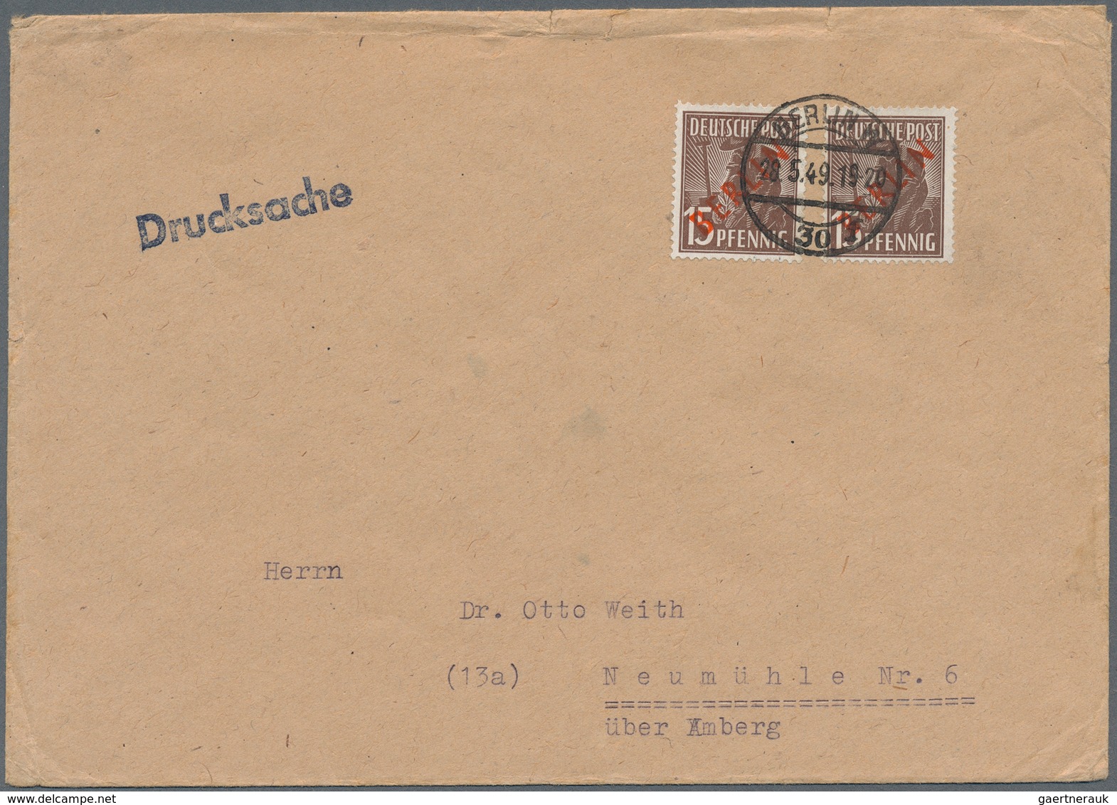 Berlin: 15 Pf. Rotaufdruck Als MeF Auf  Drucksache 4. Gewichtsstufe! Ab Berlin W30 Vom 28.5.49 Nach - Other & Unclassified