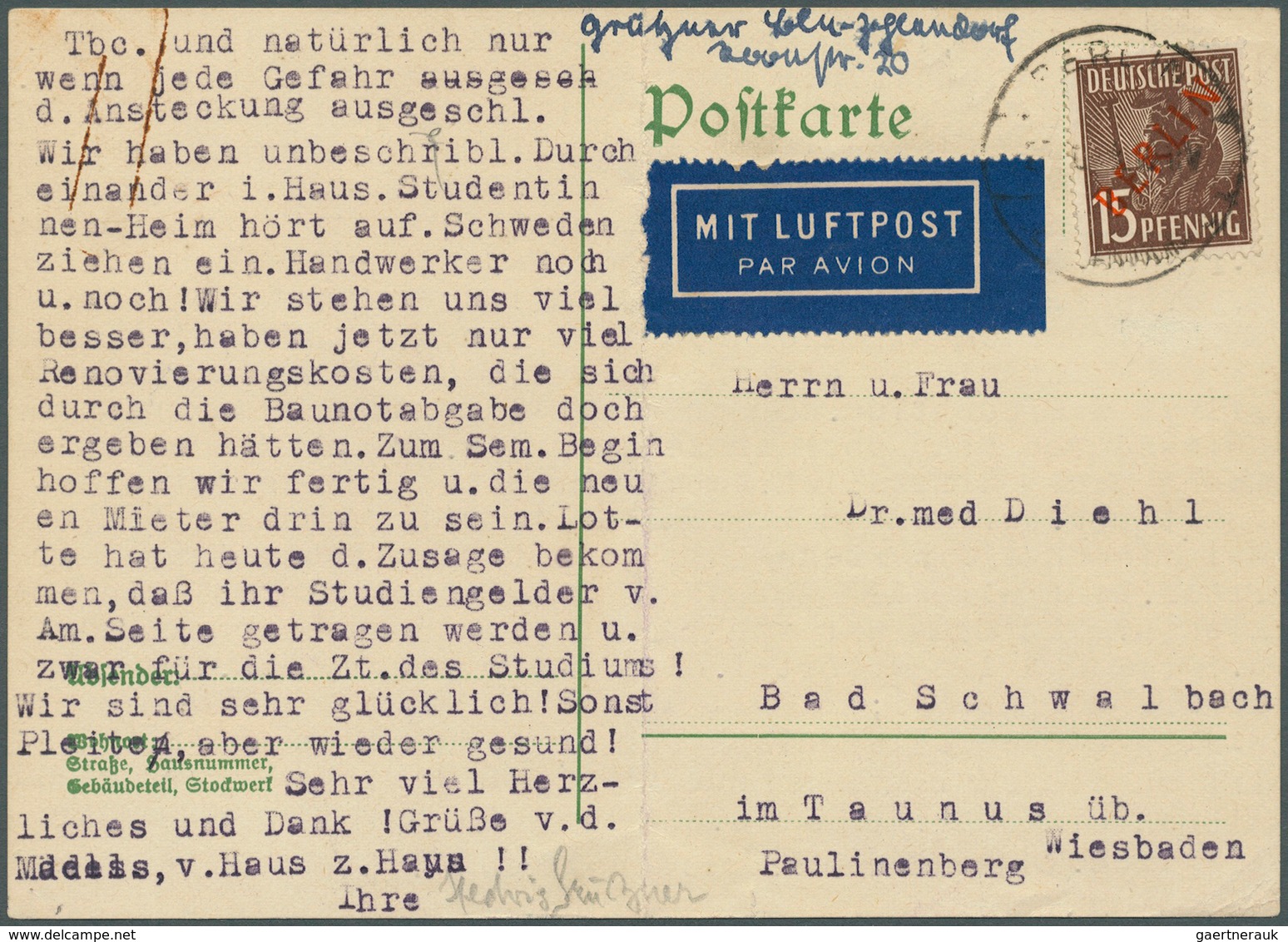 Berlin: 1949, 15 Pf Rotaufdruck Als Einzelfrankatur Auf Luftpostkarte Aus BERLIN Mit Schwachem Stemp - Other & Unclassified