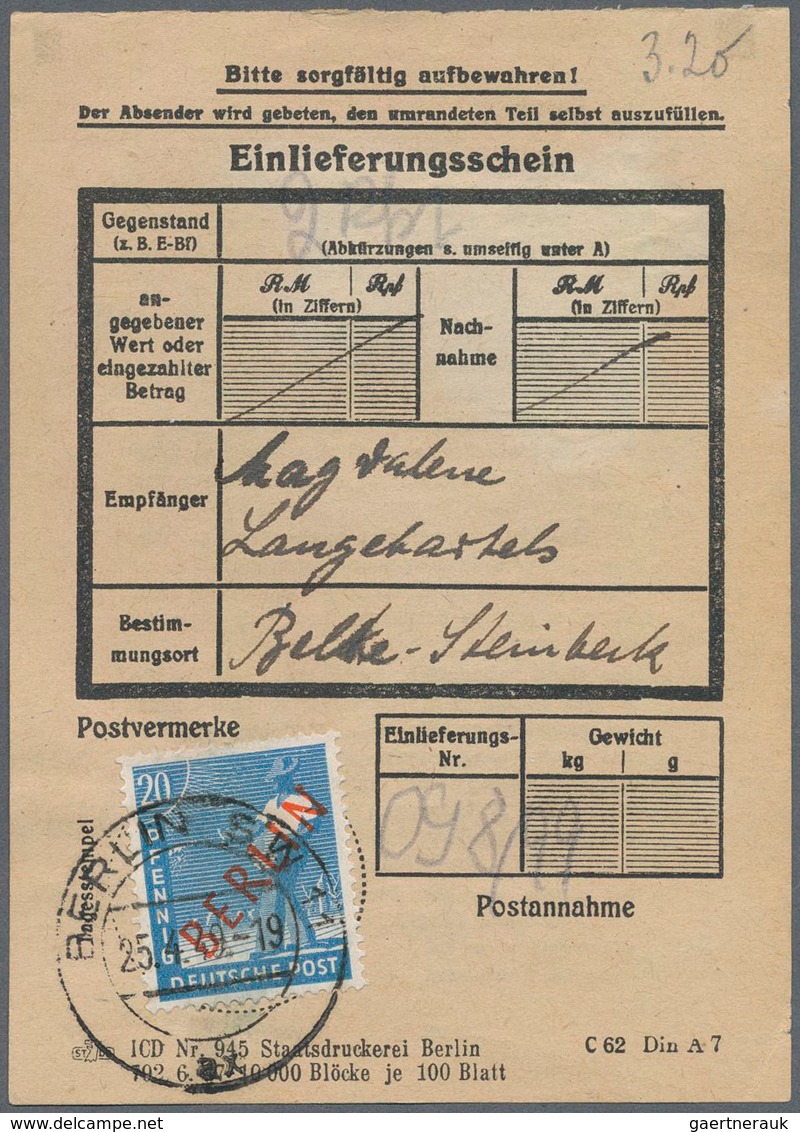 Berlin: 20 Pf. Rotaufdruck Auf Einlieferungsschein Für 2 Pakete Von Berlin SW11 Vom 25.4.49 - Other & Unclassified