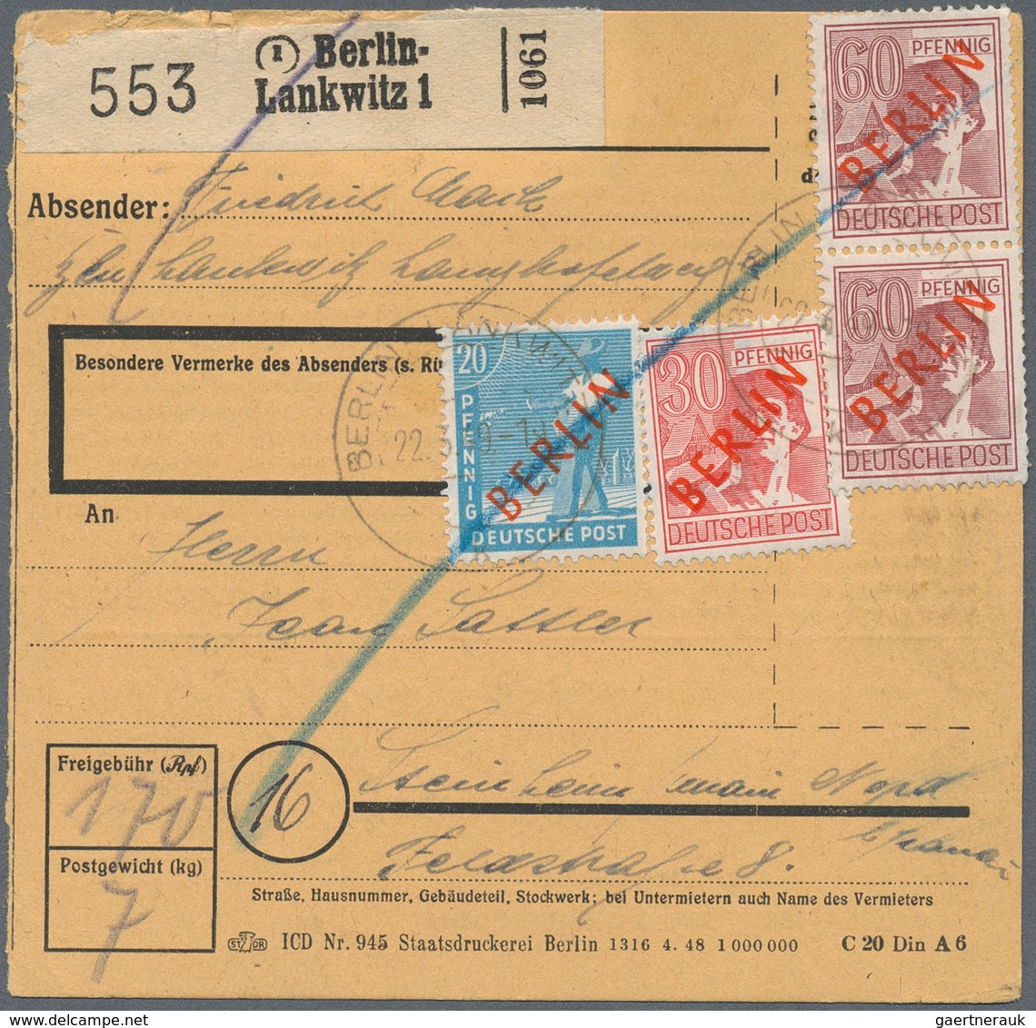 Berlin: 20, 30 U. Paar 60 Pf. Rotaufdruck Zusammen Auf Paketkarte Ab Berlin-Lankwitz Vom 22.3.49 Nac - Other & Unclassified