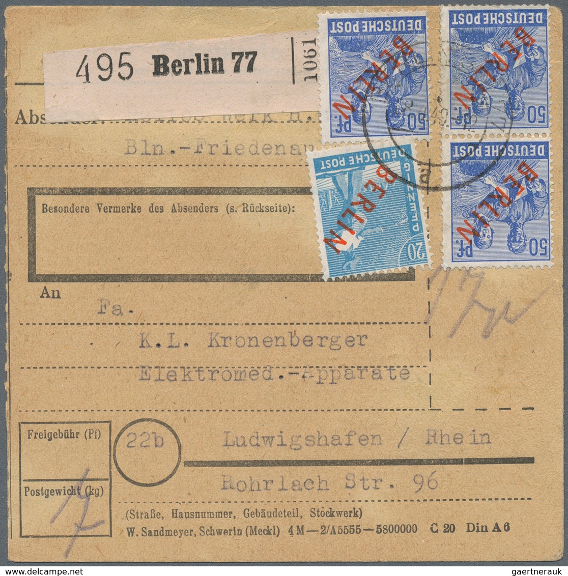 Berlin: 20 U. 3 Mal 50 Pf. Rotaufdruck Zusammen Auf Paketkarte Ab Berlin SW 77 Vom 8.4.49 Nach Ludwi - Other & Unclassified