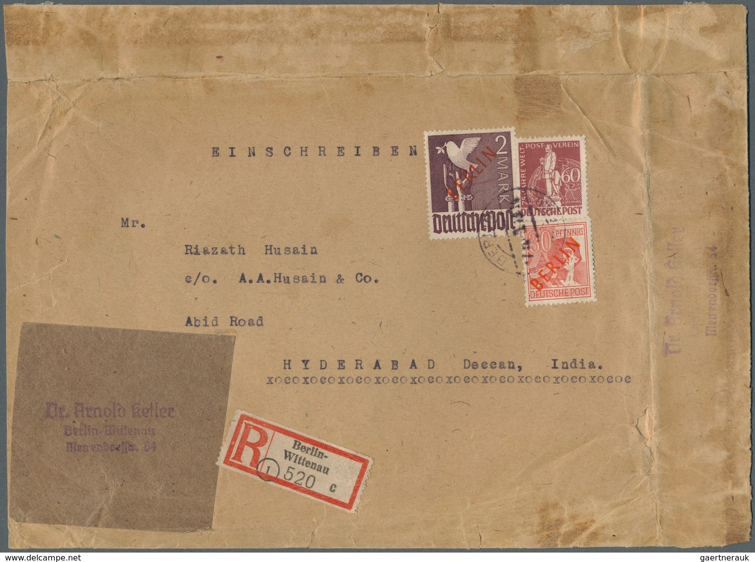 Berlin: 1949: Umschlag Ca. 22 X 16,3 Cm Als Auslandsbrief Einschreiben Im Tarif I – Als Siebente Gew - Other & Unclassified