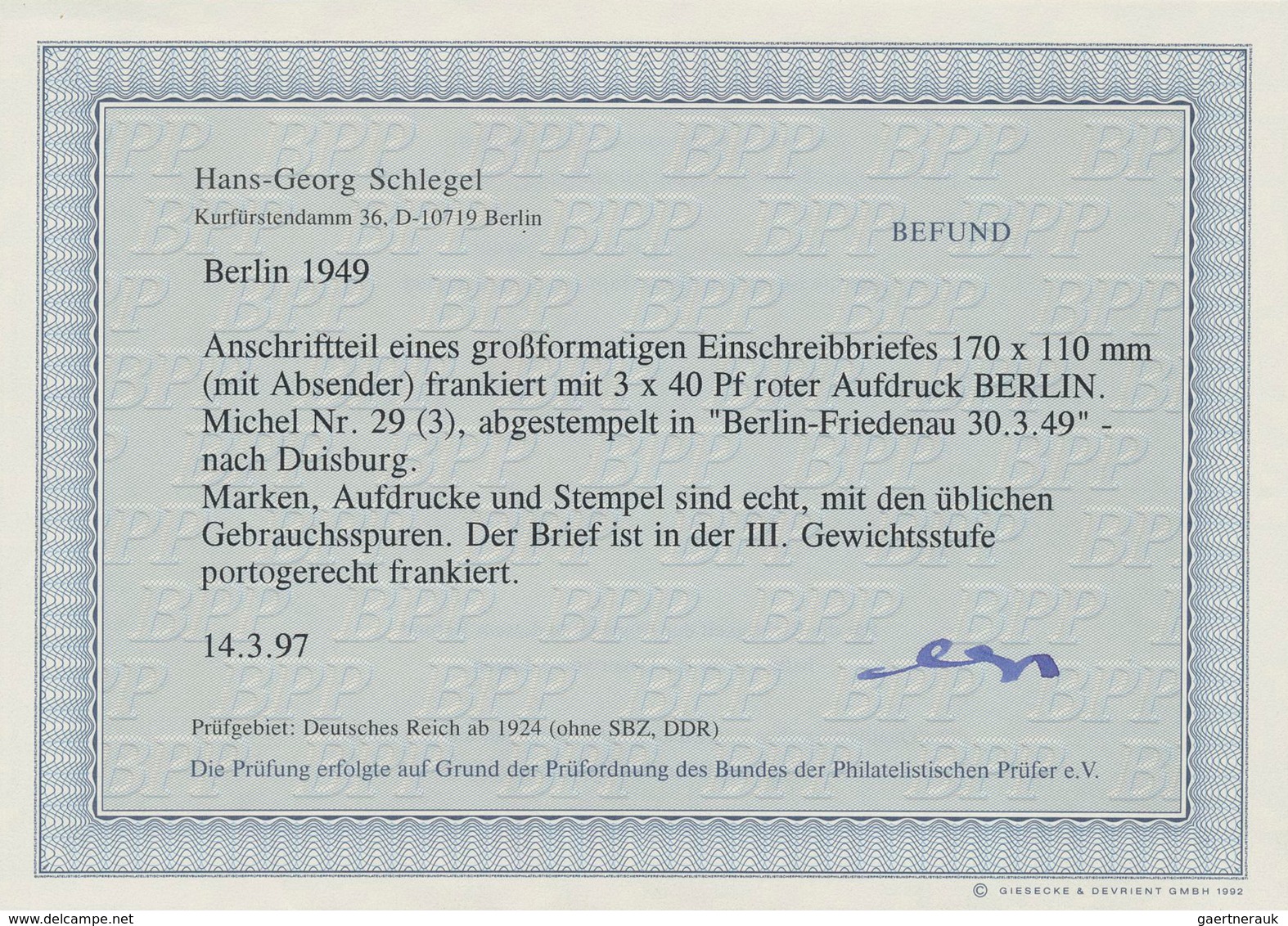 Berlin: 40 Pf. Rotaufdruck Als MeF Von 3 St. Auf Bf.-Teil Eines R-Bf. 6. Gewichtsstufe üb. 500 Gr. A - Autres & Non Classés