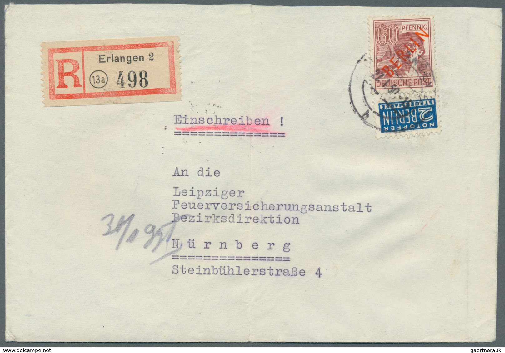 Berlin: 1950: Fernbrief Einschreiben ( 20 + 40 R ) Mit 60 Pf. ROTAUFDRUCK Als EF BUNDVERWENDUNG Ab E - Other & Unclassified