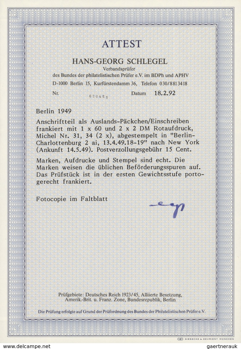 Berlin: 1949: 2 DM (Paar) Und 60 Pfg Rotaufdruck Zussammen Auf Großem Anschriftenteil Eines Übersee- - Other & Unclassified