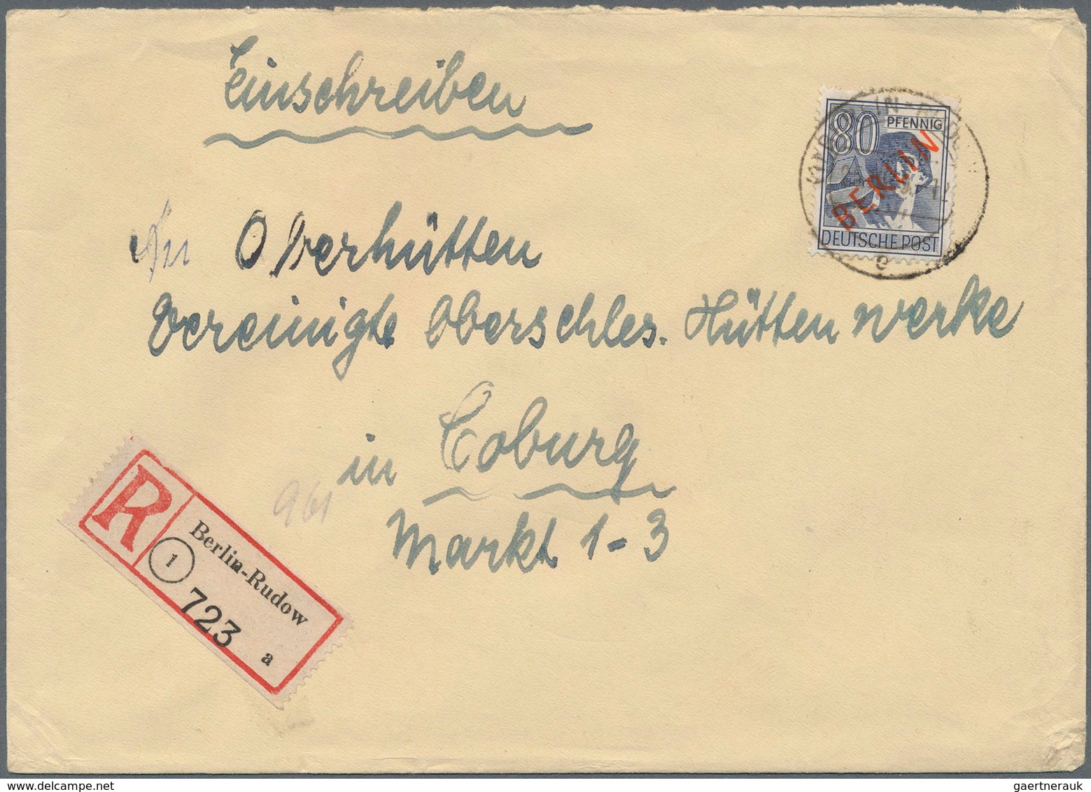 Berlin: 80 Pf. Rotaufdruck Als EF Auf R-Doppelbf. Ab Berlin-Rudow Vom 25.10.49 Nach Coburg Gute EF! - Other & Unclassified