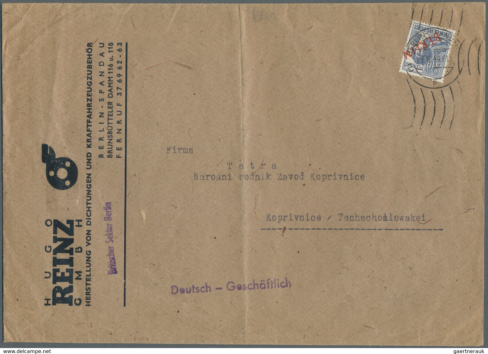 Berlin: 1949: Firmenumschlag Ca. 22,5 X 16 Cm Als Auslands-Doppelbrief Tarif I ( 50 + 30 ) Mit 80 Pf - Sonstige & Ohne Zuordnung