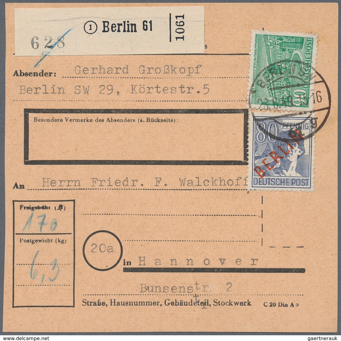 Berlin: 1949: Paketkarte über 6,3 Kg – DM 1,70 Mit 80 Pf. Rotaufdruck, 90 Pf. Bauten I Ab Berlin SW - Other & Unclassified