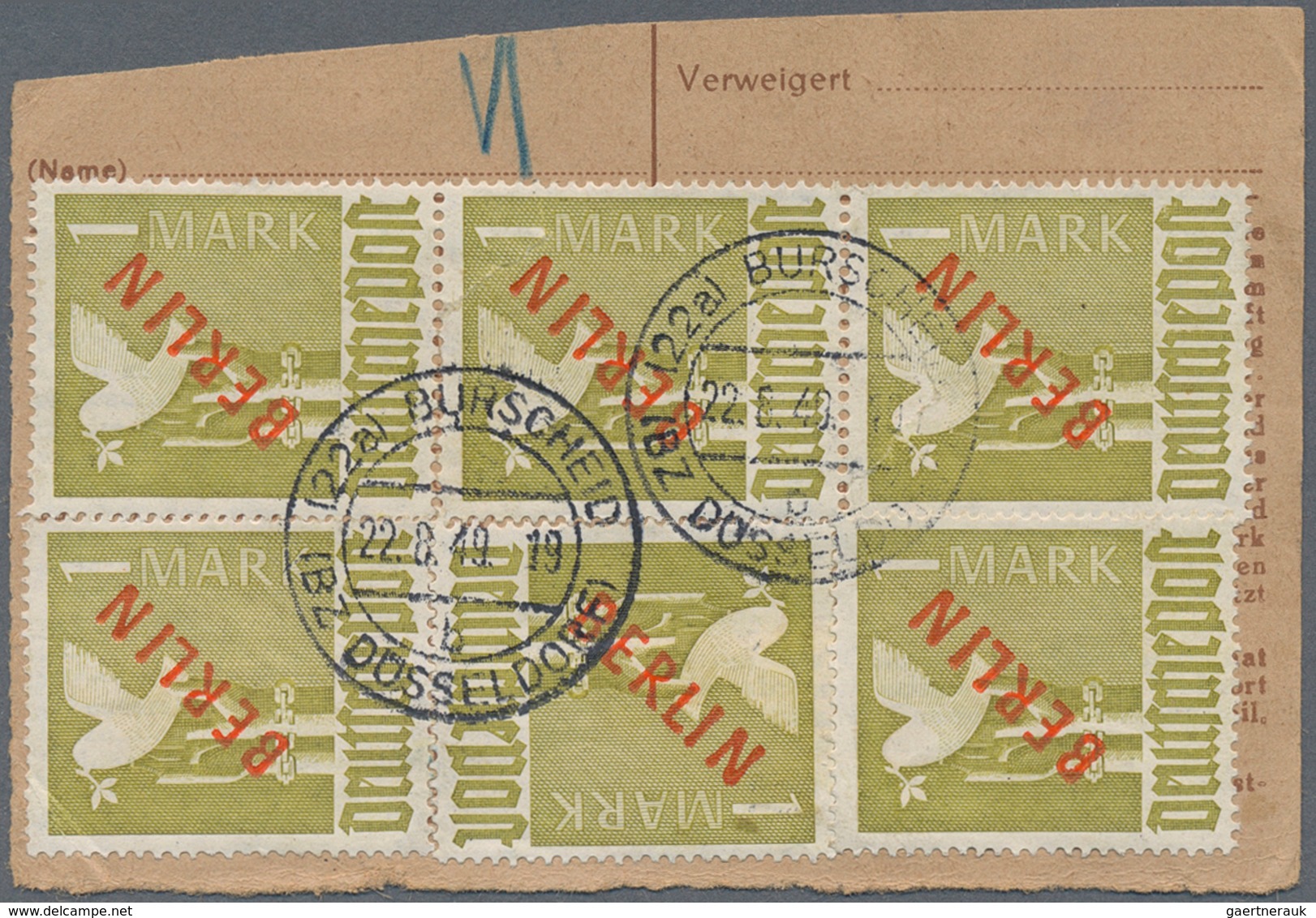 Berlin: 1949: Halbierte NACHNAHME-PAKETKARTE Mit Gebühr 7,20 DM – Dafür 20 Pf. Und 7 X 1.- DM ROTAUF - Sonstige & Ohne Zuordnung
