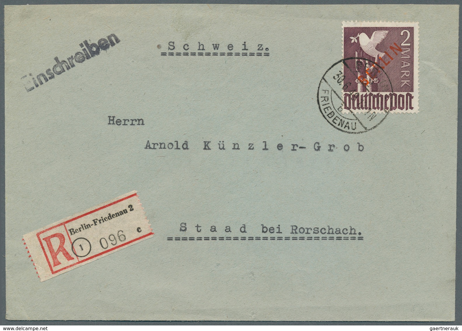 Berlin: 1949: Auslandsbrief über 60g  140 Pf. Mit Einschreiben 60 Pf. Im Tarif I Mit 2.- DM ROTAUFDR - Sonstige & Ohne Zuordnung