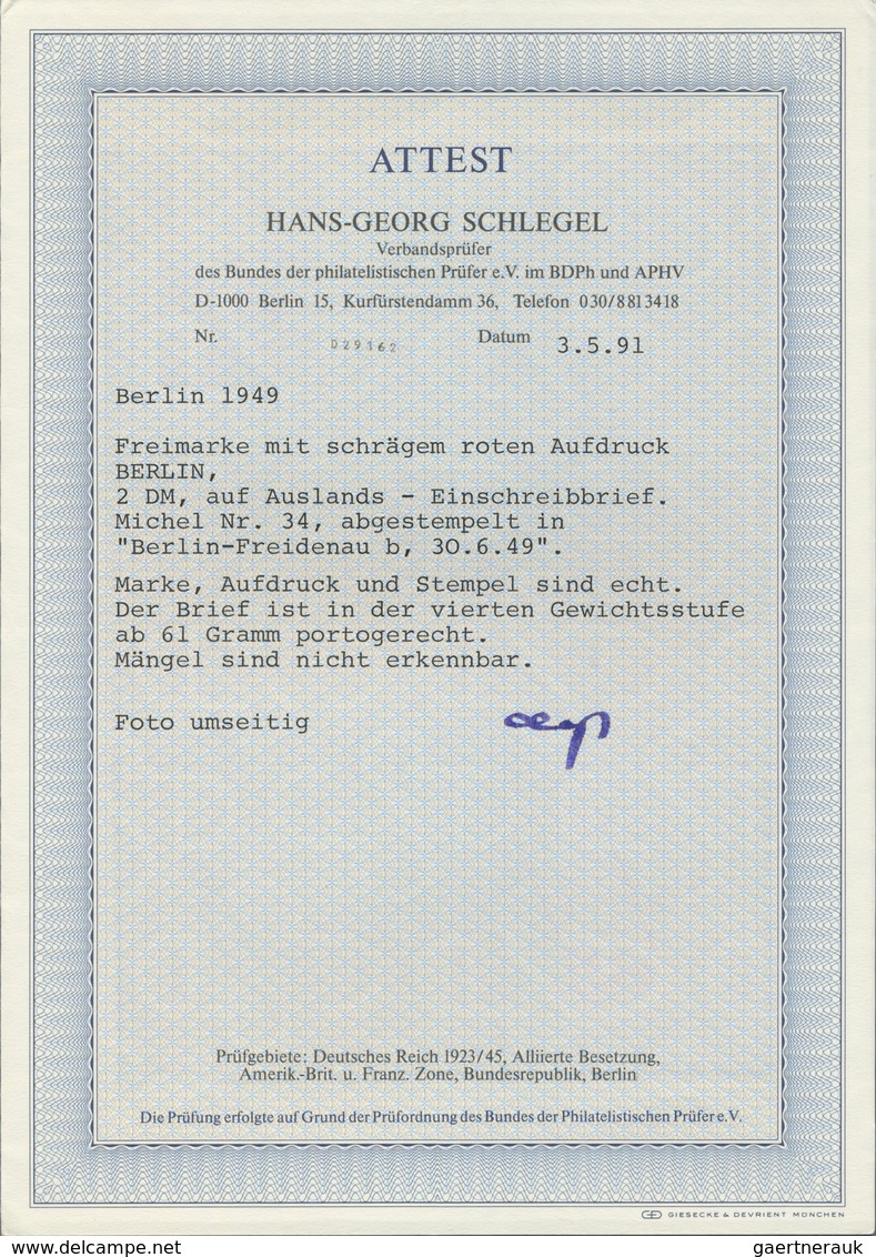 Berlin: 1949: Auslandsbrief über 60g  140 Pf. Mit Einschreiben 60 Pf. Im Tarif I Mit 2.- DM ROTAUFDR - Sonstige & Ohne Zuordnung