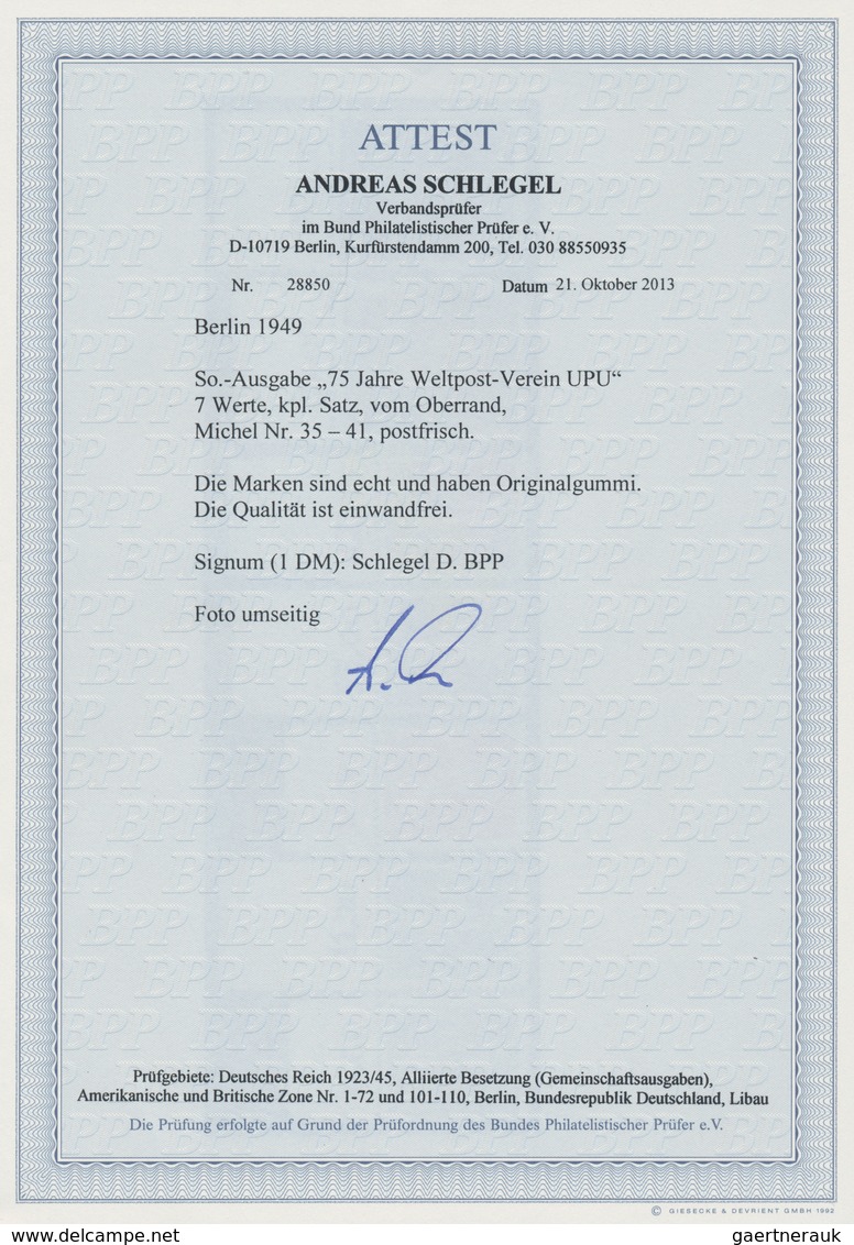 Berlin: 1949, 75 Jahre Weltpost-Verein (UPU), Kompletter Ungefalteter Luxusoberrandsatz, Postfrisch, - Autres & Non Classés