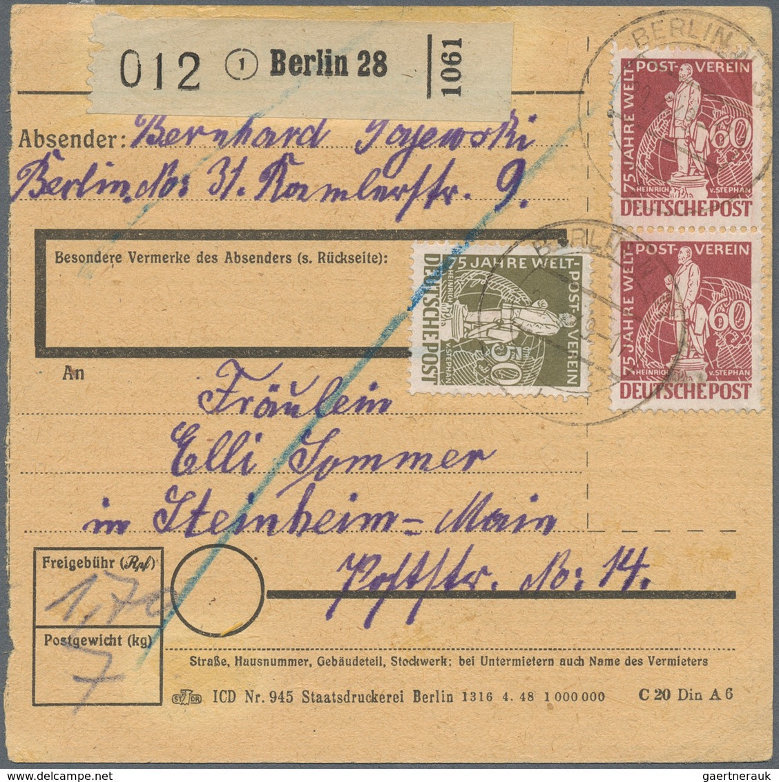 Berlin: 50 U. Paar 60 Pf. Stephan Zusammen Auf Paketkarte Ab Berlin N31 Vom 29.4.49 Nach Steinheim 1 - Other & Unclassified