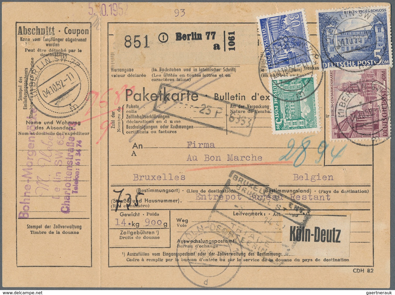 Berlin: 5 U. 30 Pf. Mit 2 U. 5 DM Bauten Zusammen Auf Auslands-Paketkarte Ab Berlin SW77 Vom 4.10.52 - Other & Unclassified