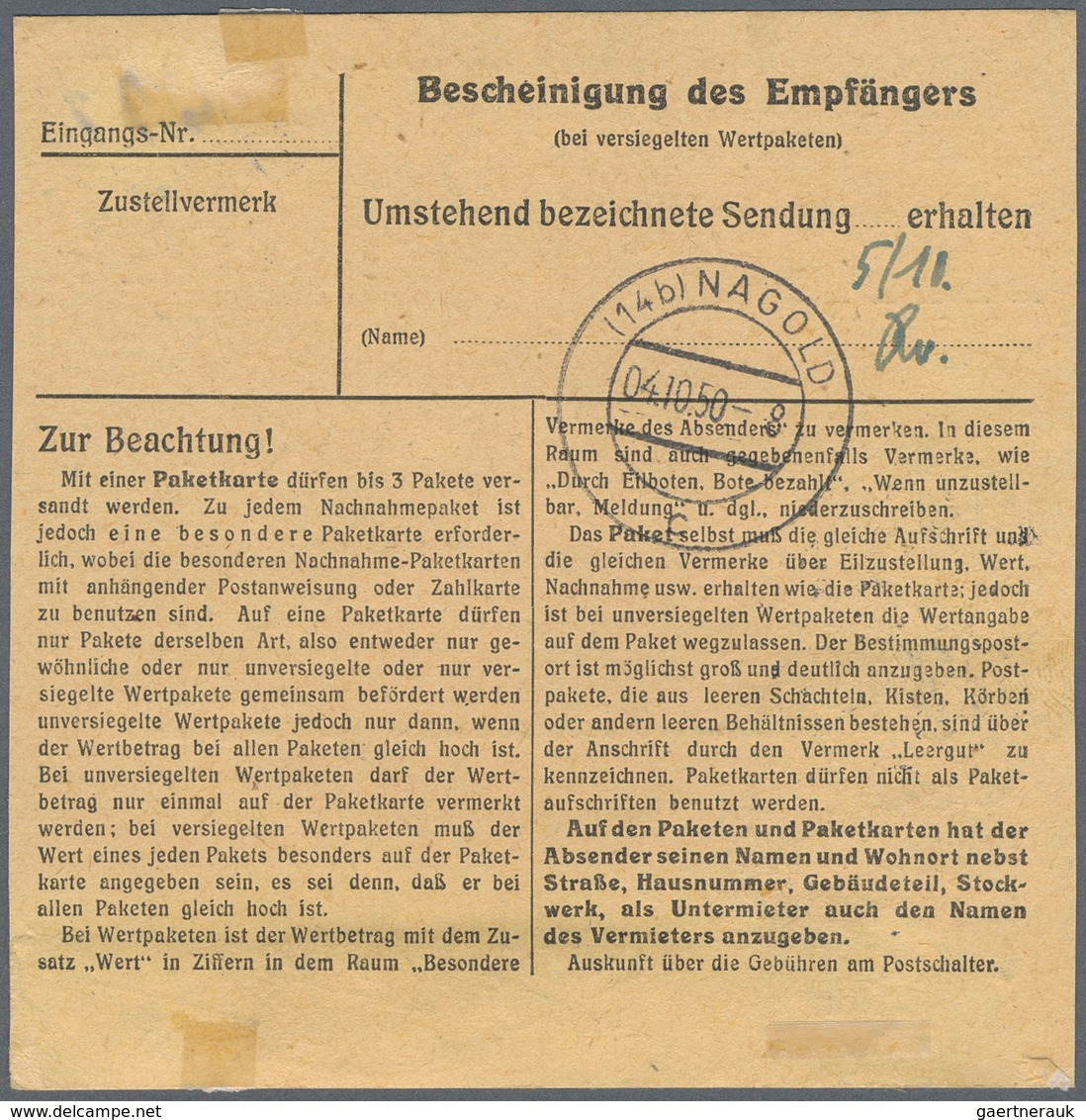 Berlin: 1950: Paketkarte über Drei Pakete Ab Berlin-Friedenau 1  30.8.50 Nach Nagold, Ankunft 4.10.5 - Sonstige & Ohne Zuordnung