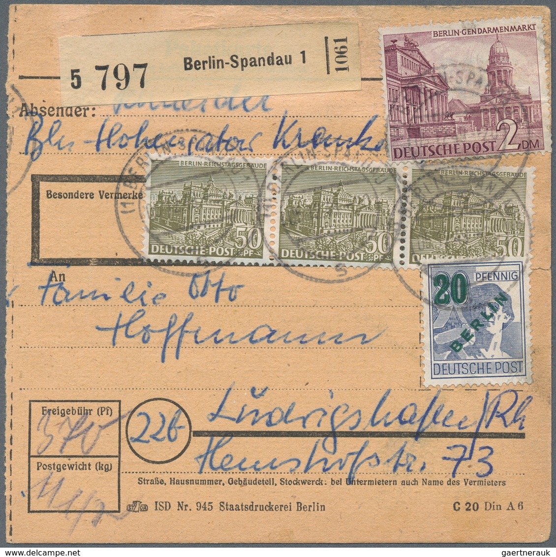 Berlin: 2 DM U. 50 Pf. Bauten Im Waager. 3er Streifen Mit 20 Pf. Grünaufdruck Zusammen Auf Paketkart - Autres & Non Classés