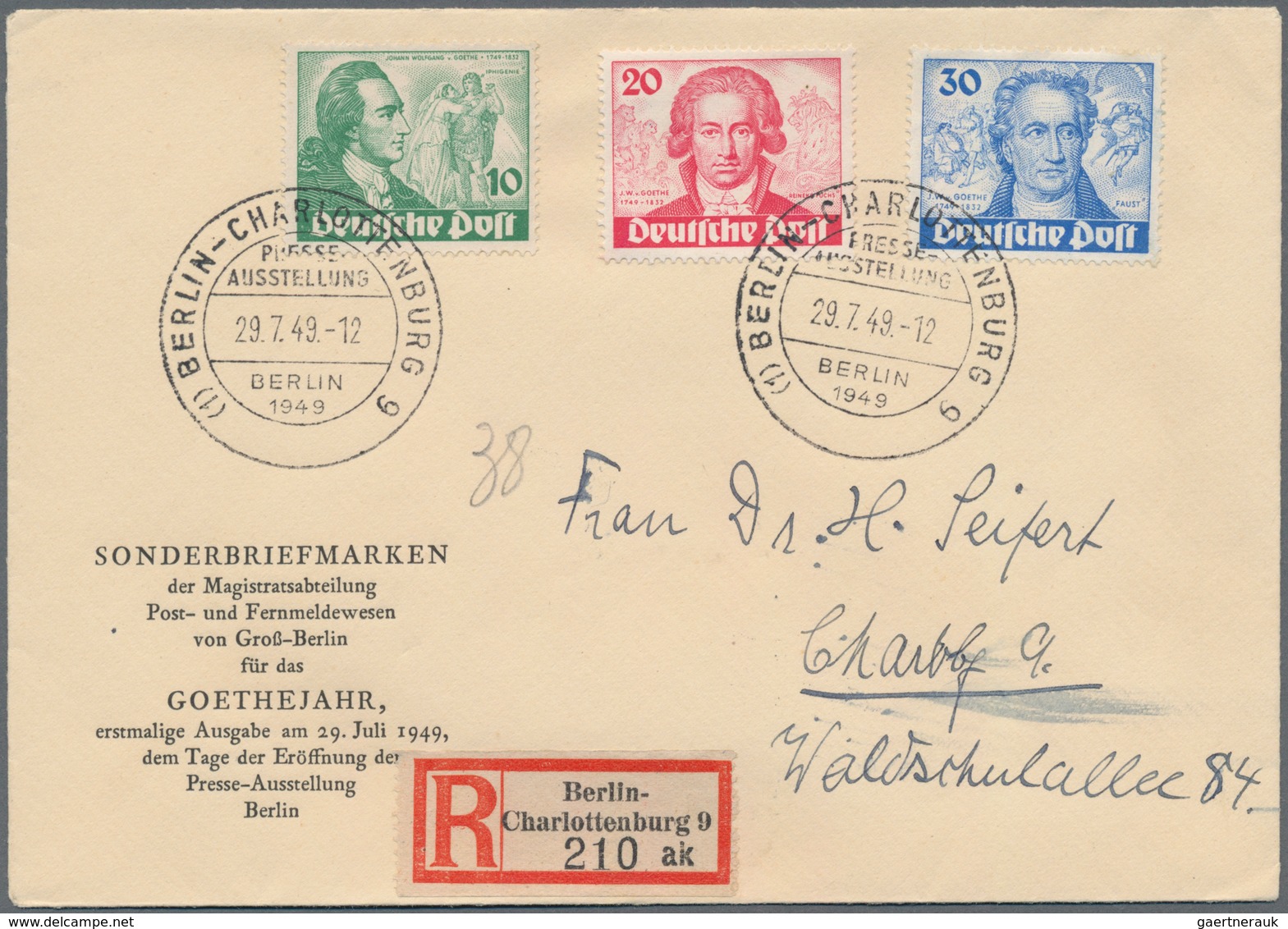 Berlin: 1949, Goethejahr, Amt. FDC, Mi. 700,- - Other & Unclassified