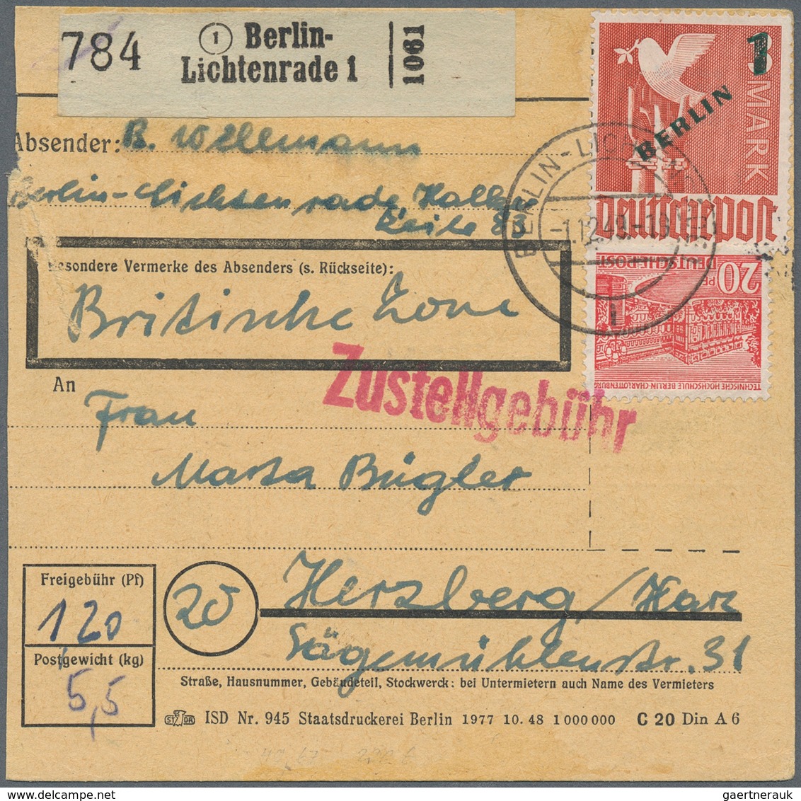 Berlin: 1 DM Grünaufdruck U. 20 Pf. Bauten Zusammen Auf Paketkarte Ab Berlin-Lichtenrade Vom 1.12.49 - Other & Unclassified