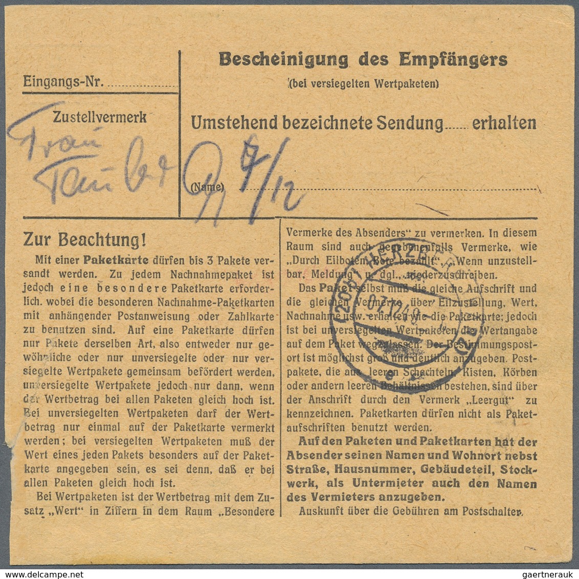 Berlin: 1 DM Grünaufdruck U. 20 Pf. Bauten Zusammen Auf Paketkarte Ab Berlin-Lichtenrade Vom 1.12.49 - Andere & Zonder Classificatie