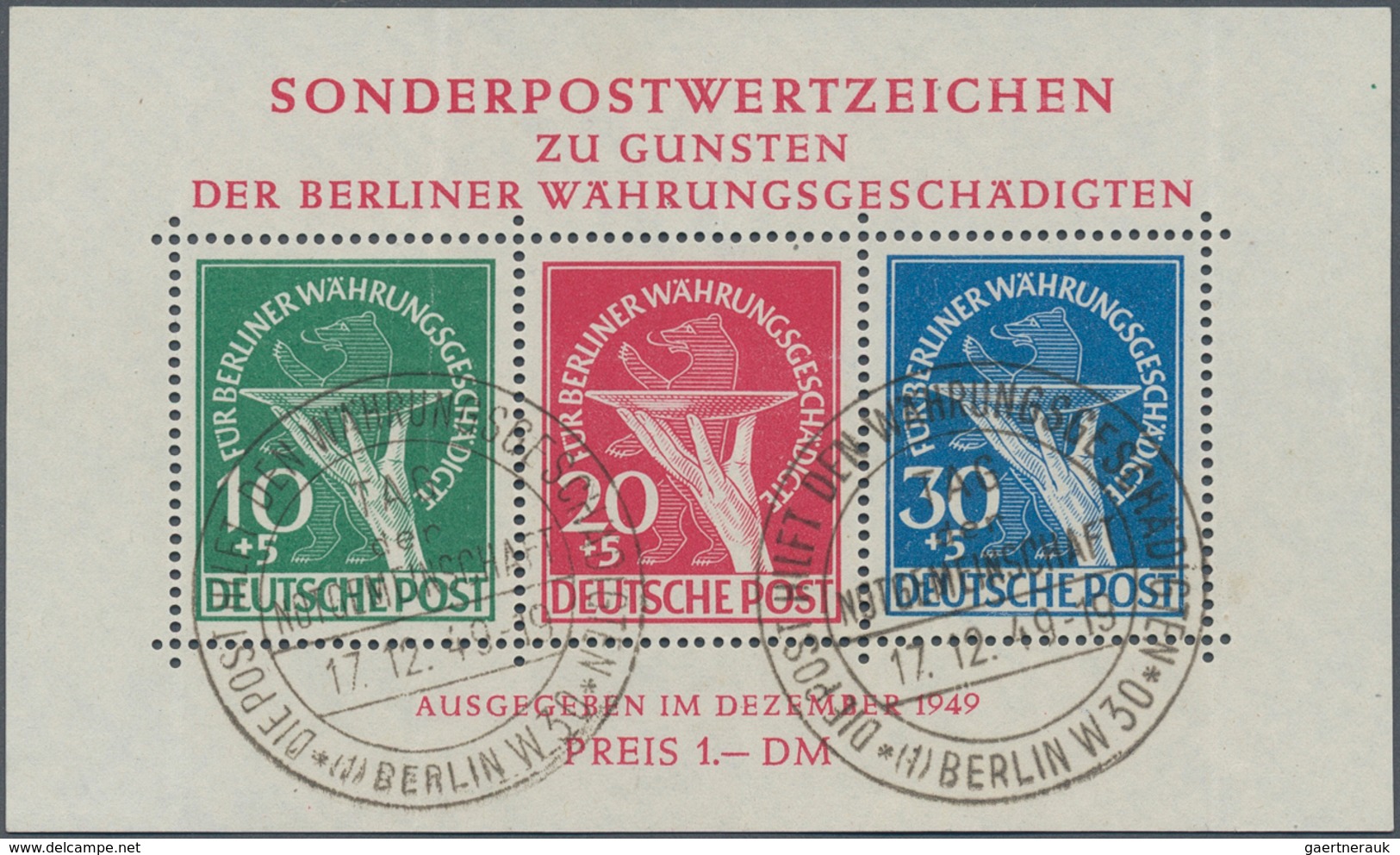 Berlin: 1949, Währungsgeschädigte Blockausgabe Mit PLATTENFEHLER "Opferschale Mit Zusätzlichem Stric - Autres & Non Classés