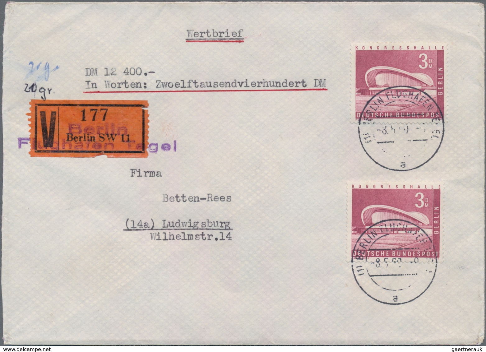 Berlin: 1960. Wertbrief über 12.400,- DM Mit MeF 2x 3 DM Kongresshalle Portogerecht Von Fa. Krug, Be - Sonstige & Ohne Zuordnung