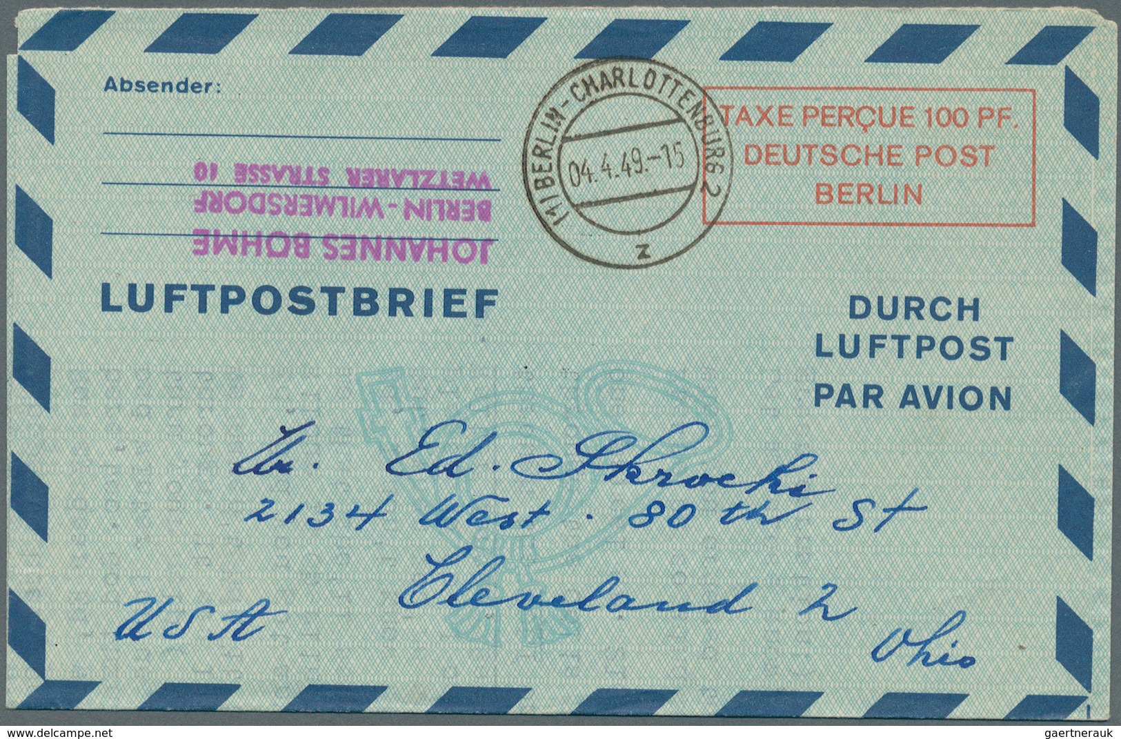 Berlin - Ganzsachen: 1948/49, Lot von 4 Luftpostfaltbriefen 100 Pf, Posthorn mit Doppellinie, versch