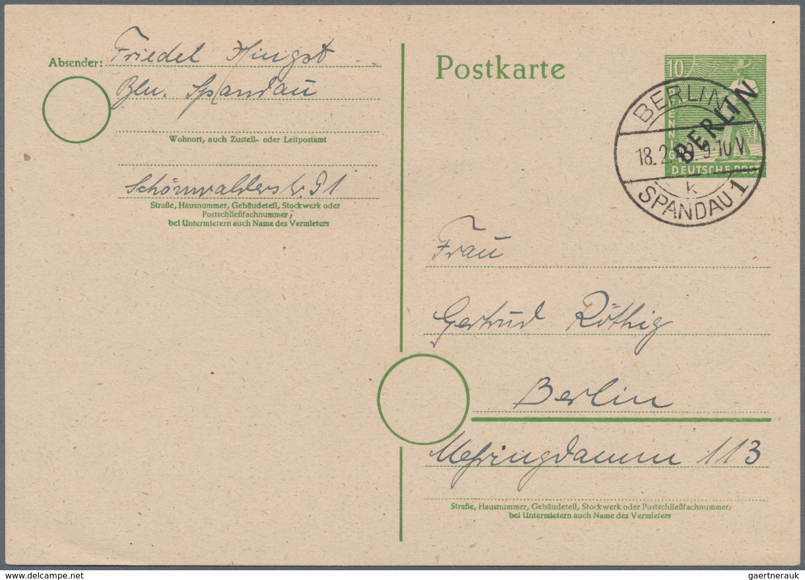 Berlin - Ganzsachen: 1949, 10 Pfg. Schwarzaufdruck Auf Selt. Grauen Urkarton Am 18.2.49 Als Ortskart - Sonstige & Ohne Zuordnung