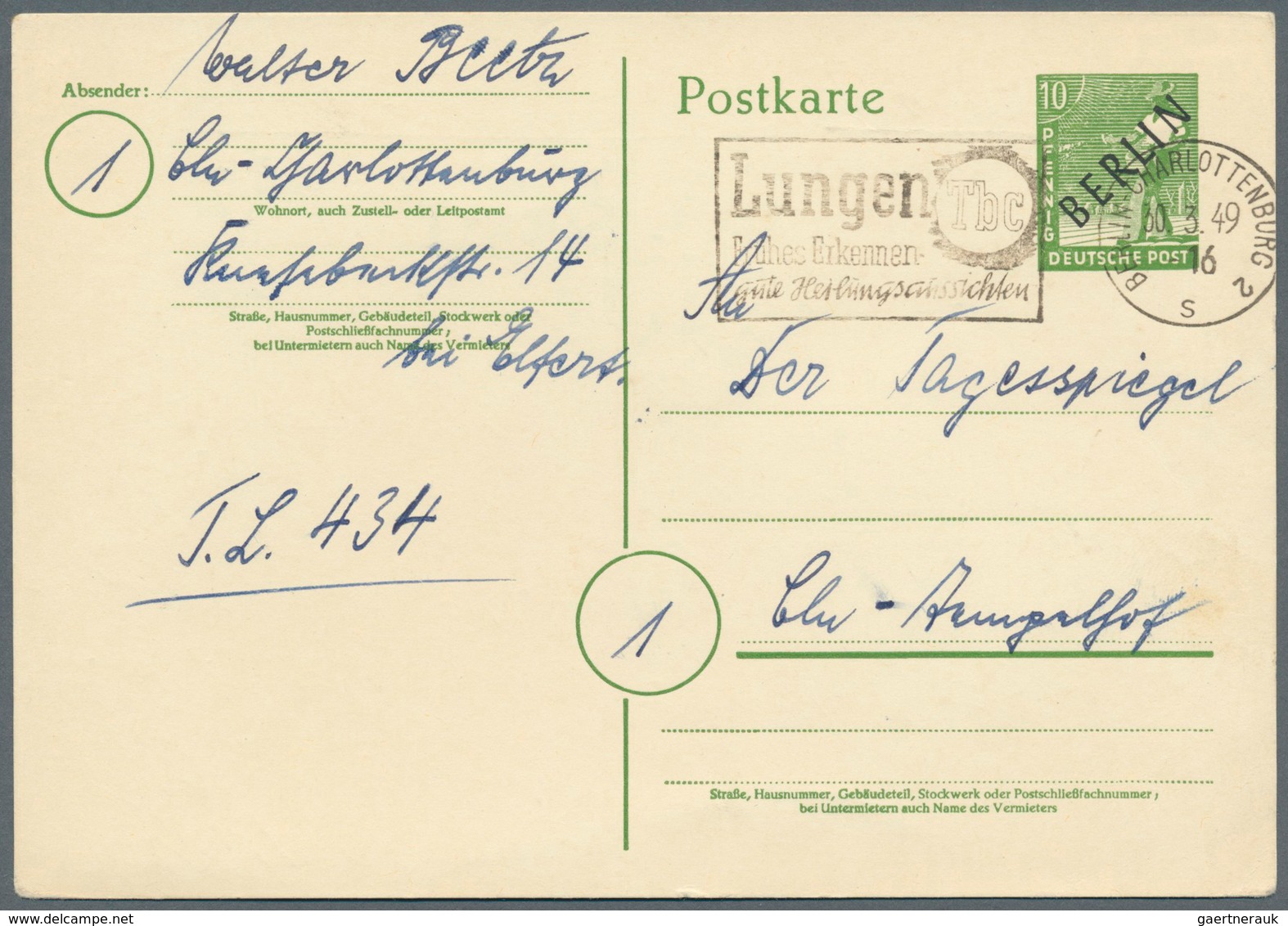 Berlin - Ganzsachen: 1949, Postkarte 10 Pf Grün Sämann, Weiß, Dicker Karton, 1. Zeile Anschrifthinwe - Autres & Non Classés