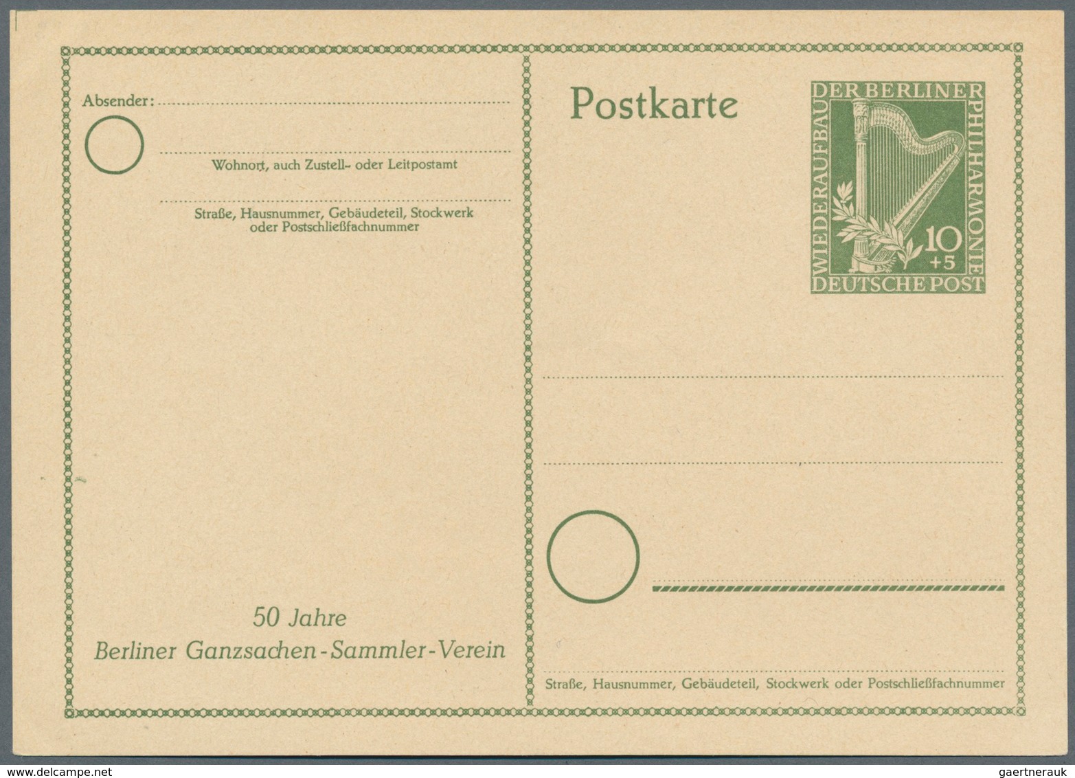 Berlin - Ganzsachen: 1951, Postkarte 10+5 Pf Harfe "Philharmonie", Vs. Links Unten Zudruck "50 Jahre - Sonstige & Ohne Zuordnung