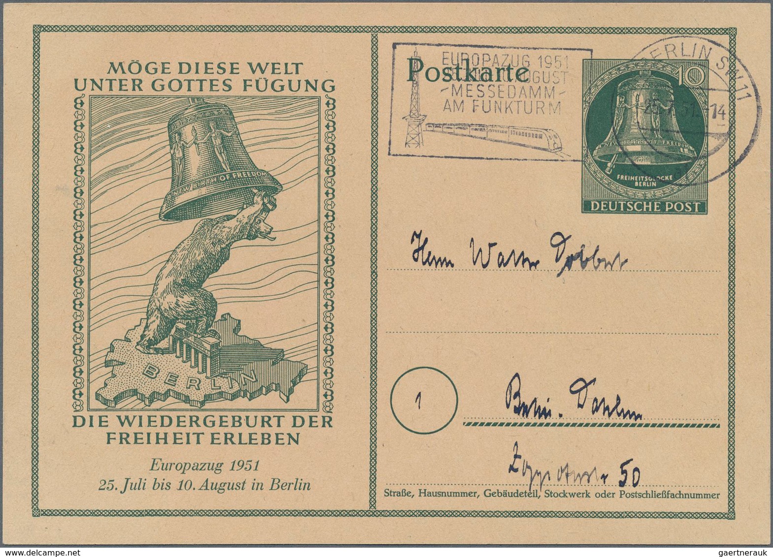 Berlin - Ganzsachen: 1951, 10 Pfg. Sonderganzsache (adressiert, Ohne Text) Zum "Europazug 1951" Mit - Otros & Sin Clasificación