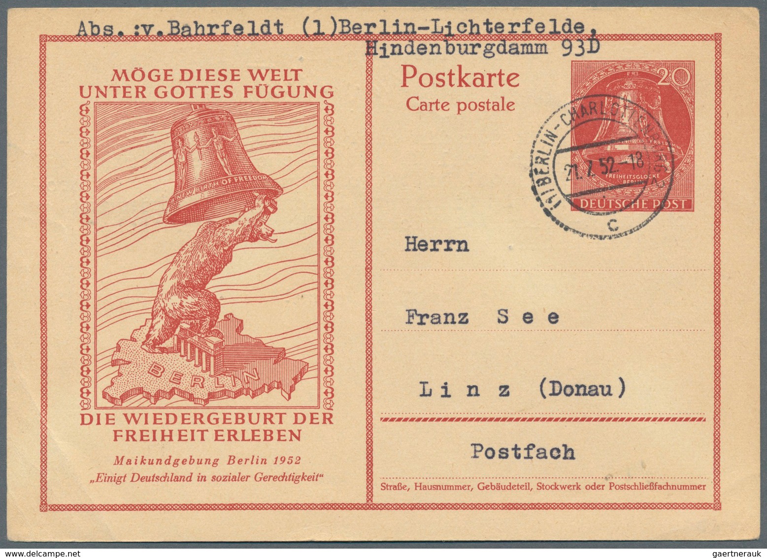 Berlin - Ganzsachen: 1952, Postkarte 20 Pf Rot Glocke "Maifeier", Gebraucht Von "Berlin 21.7.52" Nac - Sonstige & Ohne Zuordnung