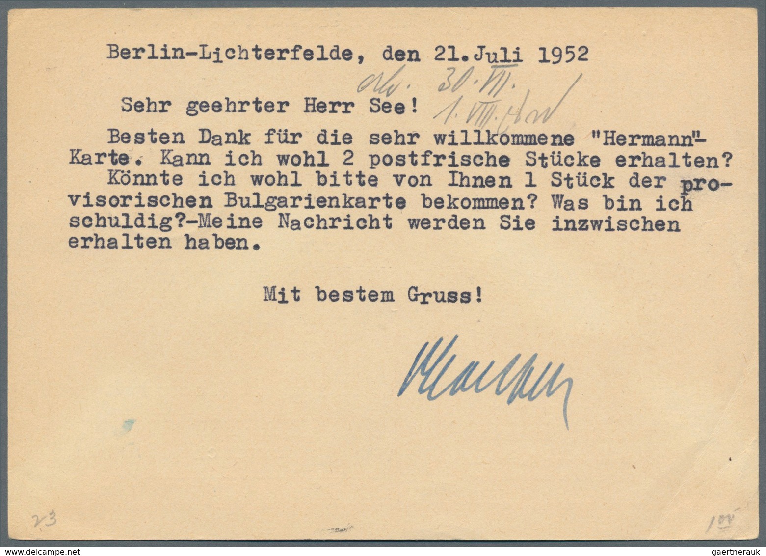 Berlin - Ganzsachen: 1952, Postkarte 20 Pf Rot Glocke "Maifeier", Gebraucht Von "Berlin 21.7.52" Nac - Sonstige & Ohne Zuordnung