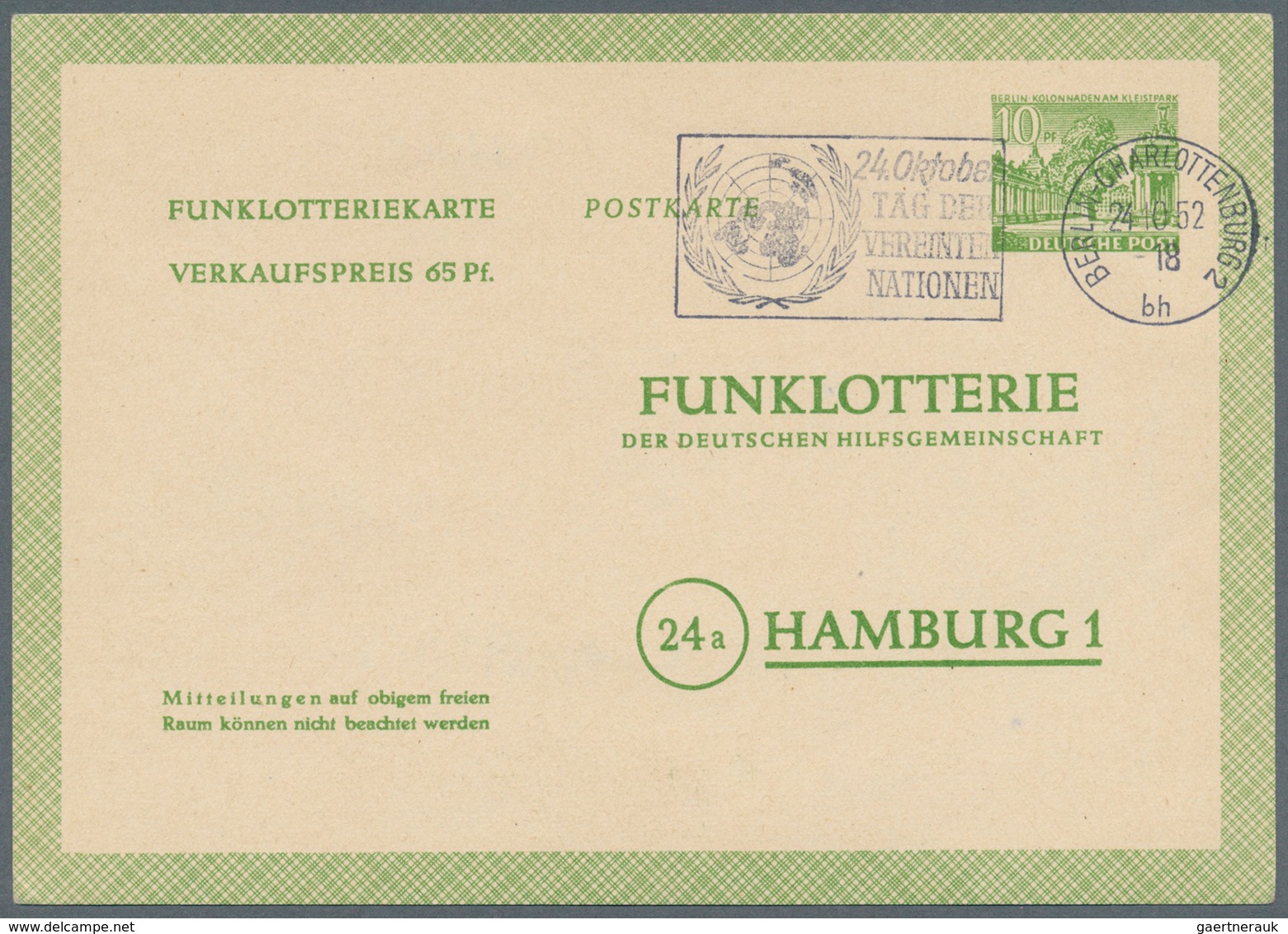 Berlin - Ganzsachen: 1952/1953. Lot Von 15 Funklotterie-PK 10 Pf Kolonnaden, Je Gebraucht Mit Je Ver - Sonstige & Ohne Zuordnung