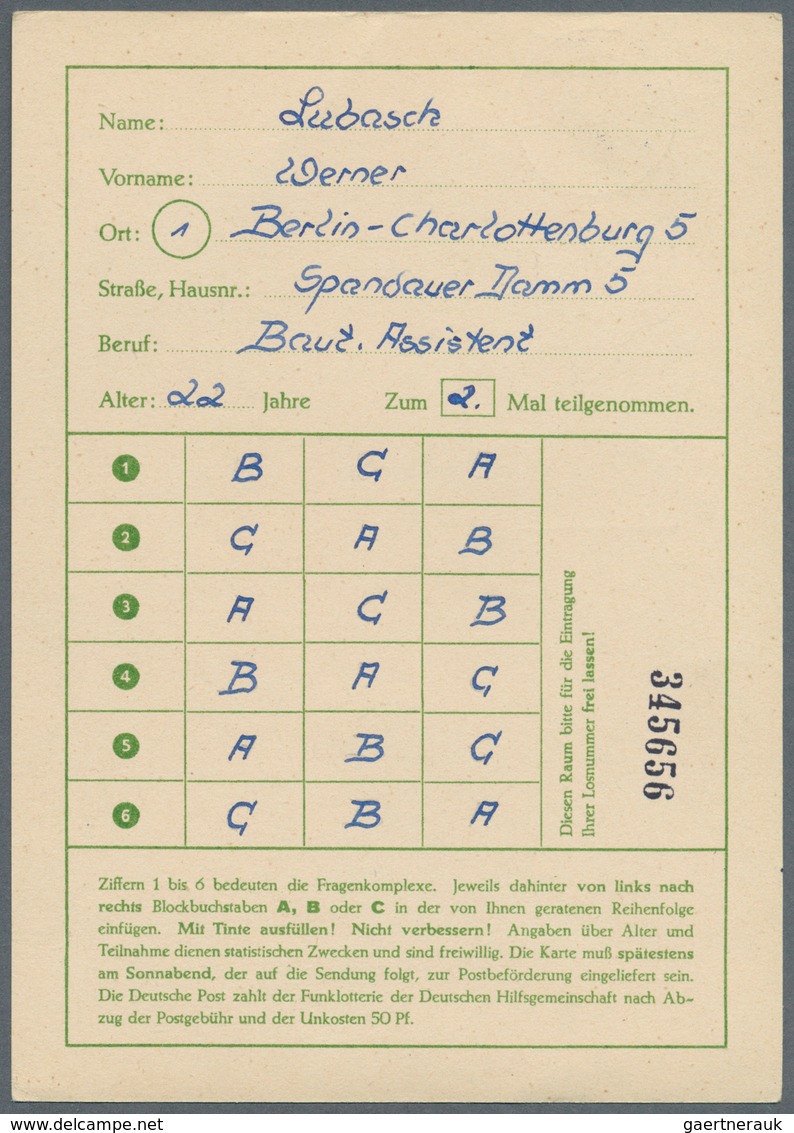 Berlin - Ganzsachen: 1952/1953. Lot Von 15 Funklotterie-PK 10 Pf Kolonnaden, Je Gebraucht Mit Je Ver - Other & Unclassified