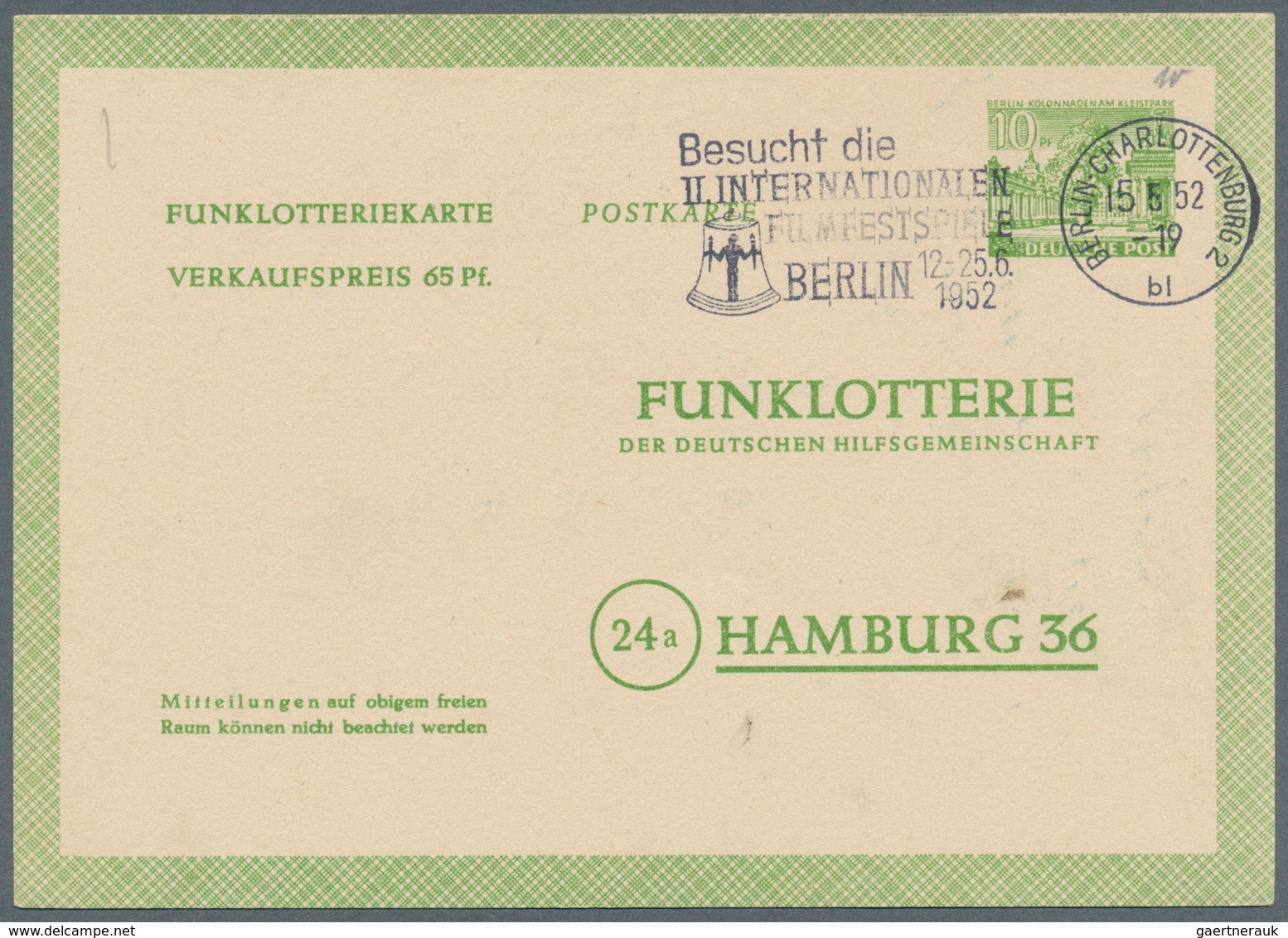 Berlin - Ganzsachen: 1952/1953. Lot Von 15 Funklotterie-PK 10 Pf Kolonnaden, Je Gebraucht Mit Je Ver - Sonstige & Ohne Zuordnung