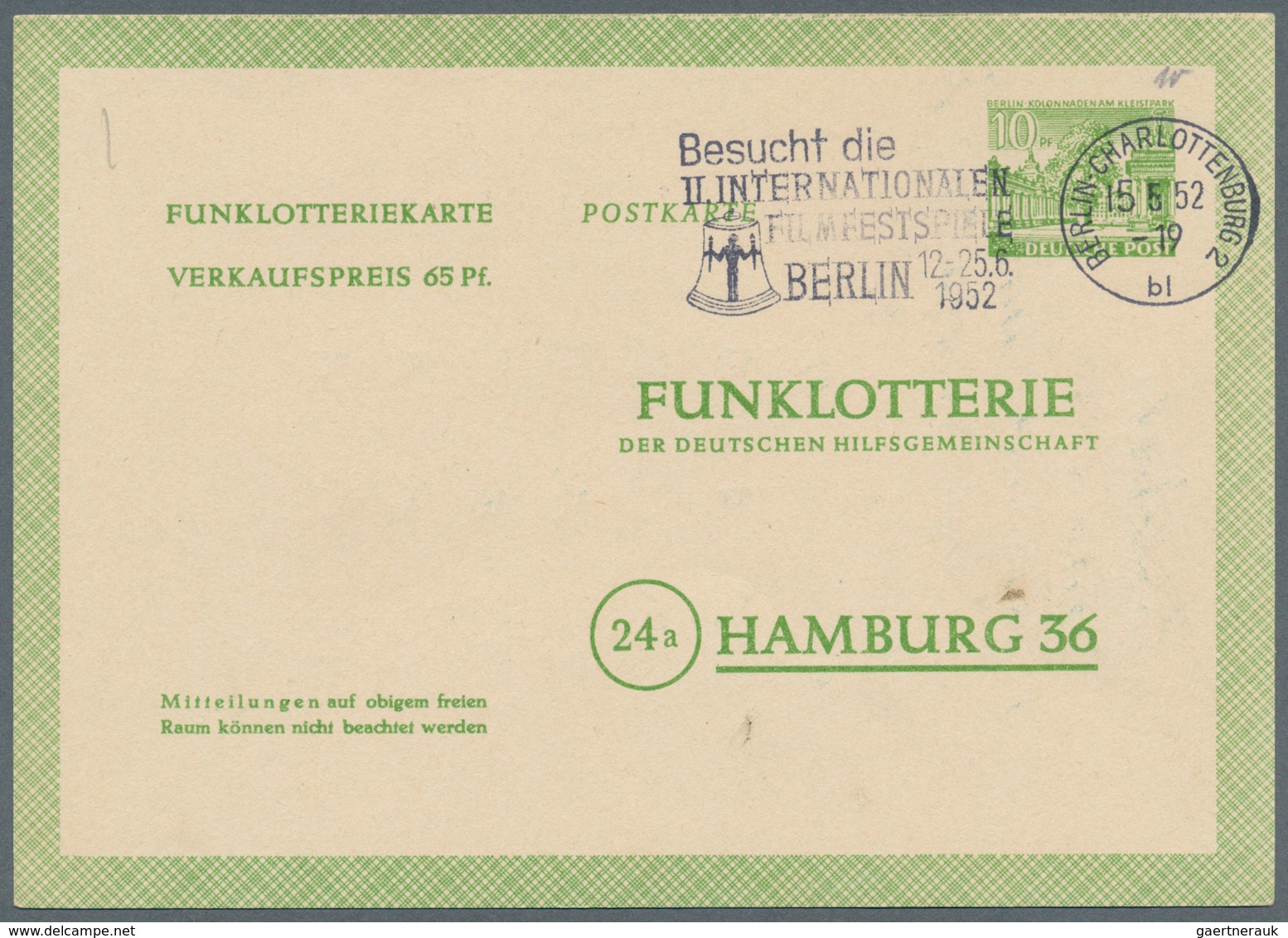 Berlin - Ganzsachen: 1952/1953. Lot Von 15 Funklotterie-PK 10 Pf Kolonnaden, Je Gebraucht Mit Je Ver - Andere & Zonder Classificatie