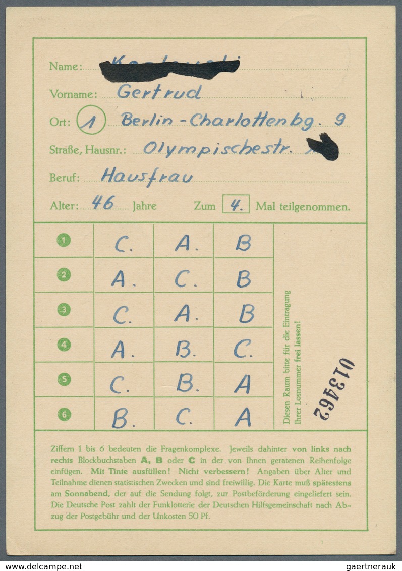 Berlin - Ganzsachen: 1952/1953. Lot Von 15 Funklotterie-PK 10 Pf Kolonnaden, Je Gebraucht Mit Je Ver - Sonstige & Ohne Zuordnung