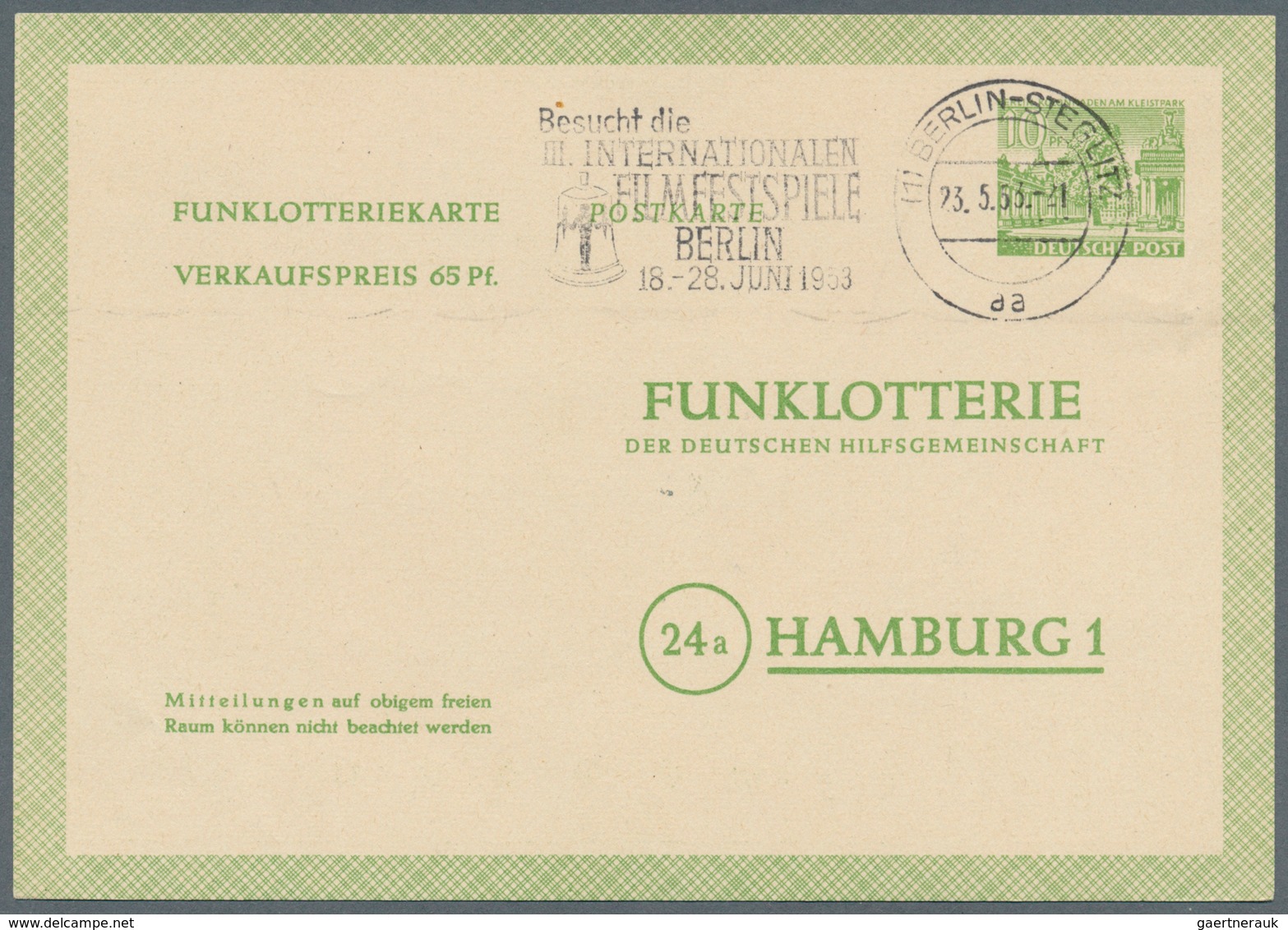 Berlin - Ganzsachen: 1952/1953. Lot von 15 Funklotterie-PK 10 Pf Kolonnaden, je gebraucht mit je ver