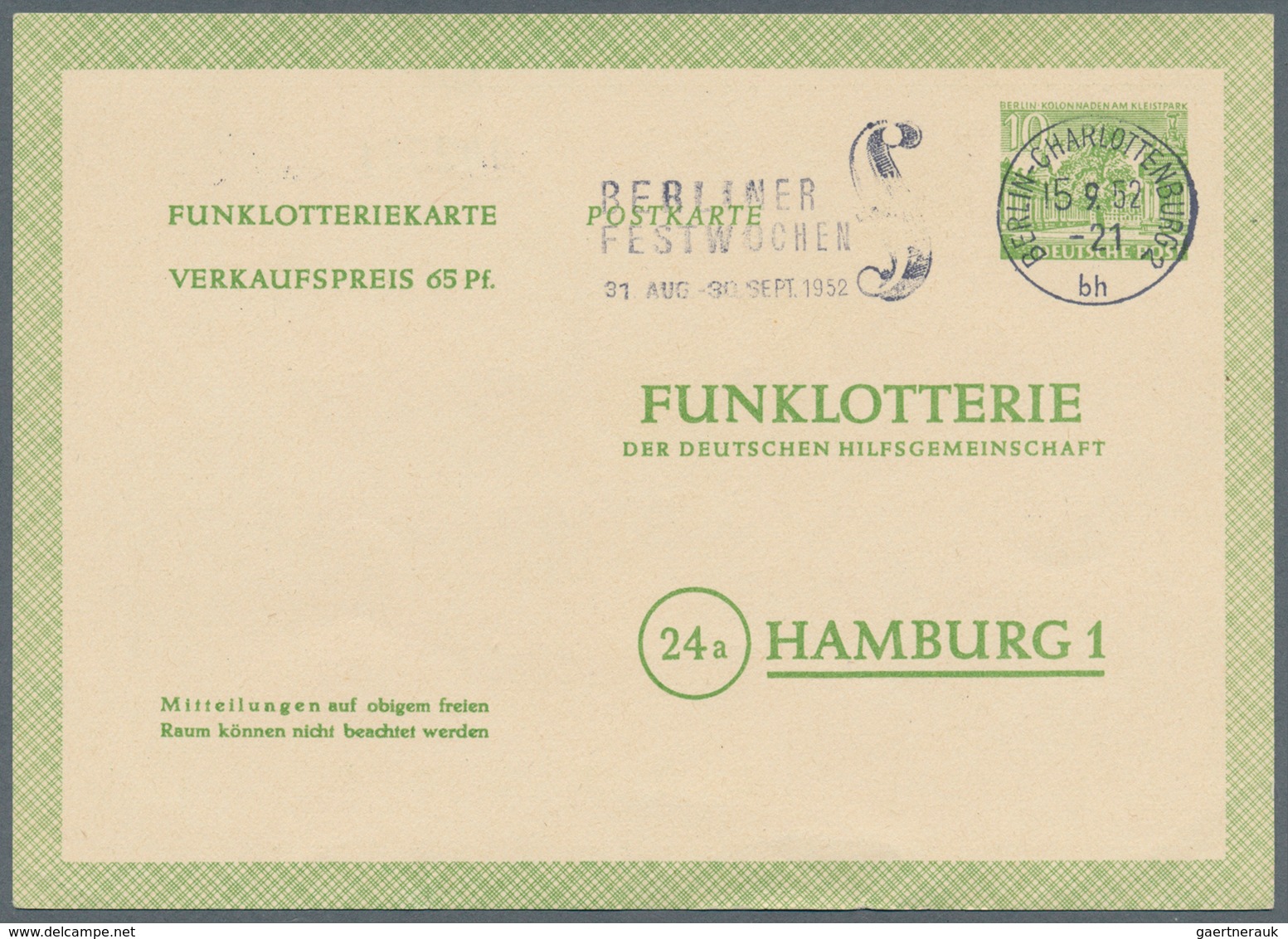 Berlin - Ganzsachen: 1952/1953. Lot von 15 Funklotterie-PK 10 Pf Kolonnaden, je gebraucht mit je ver