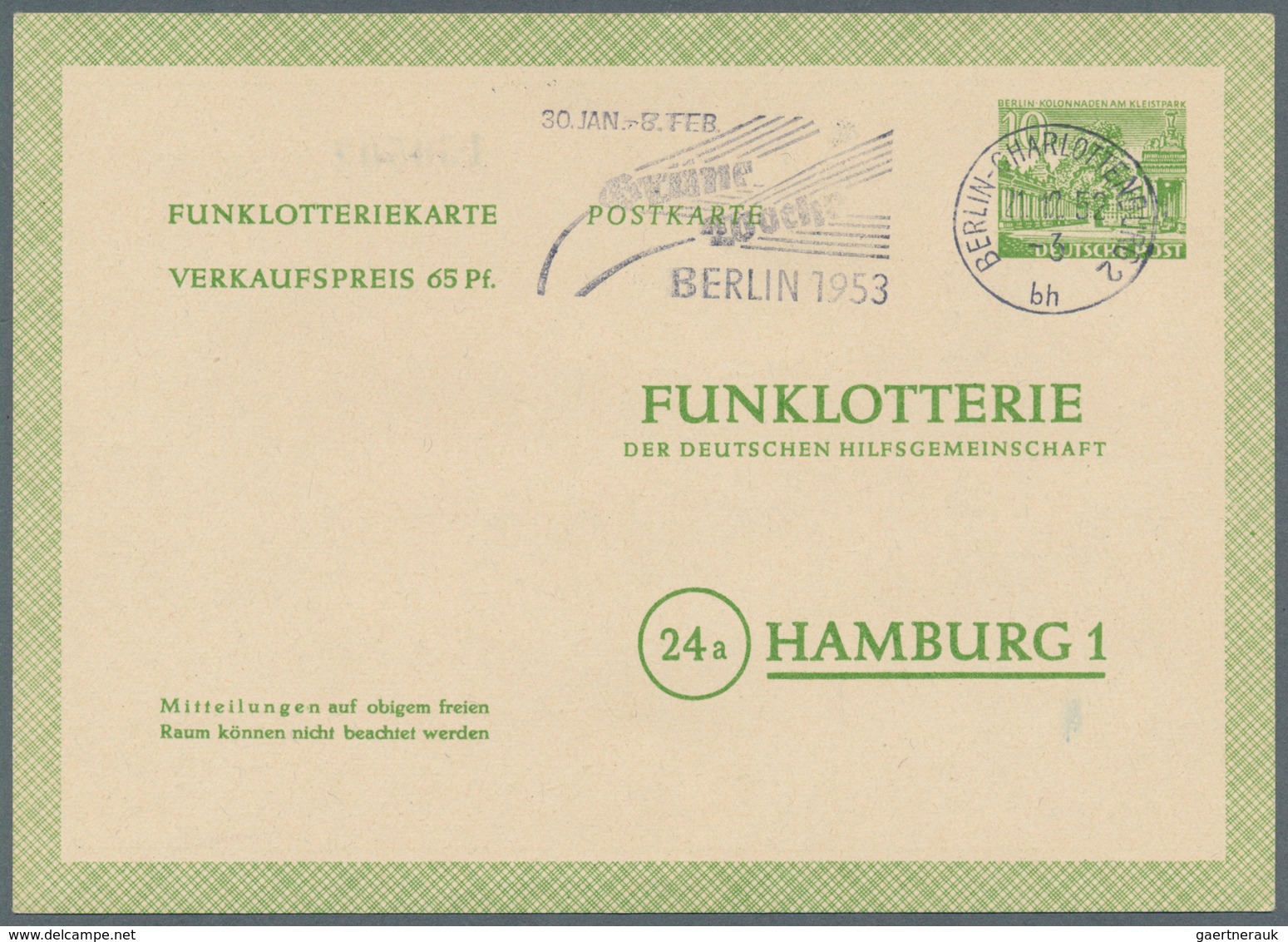 Berlin - Ganzsachen: 1952/1953. Lot von 15 Funklotterie-PK 10 Pf Kolonnaden, je gebraucht mit je ver