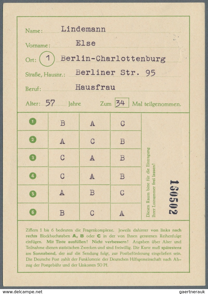 Berlin - Ganzsachen: 1952/1953. Lot von 15 Funklotterie-PK 10 Pf Kolonnaden, je gebraucht mit je ver