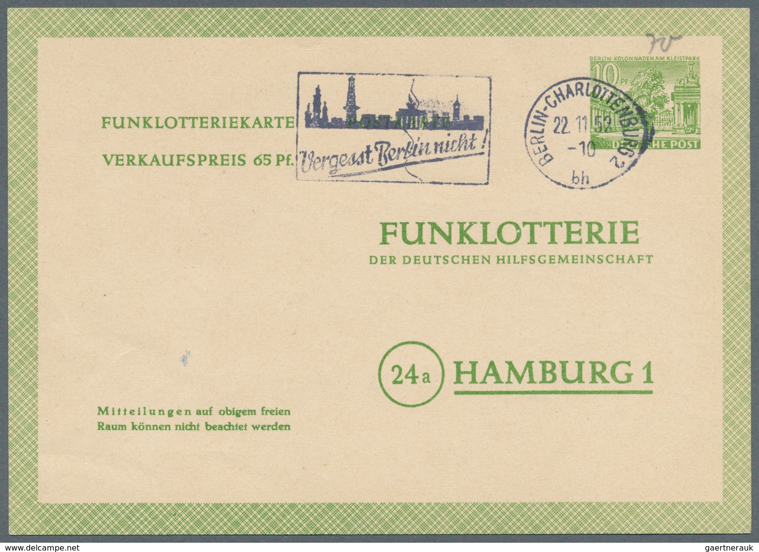 Berlin - Ganzsachen: 1952/1953. Lot von 15 Funklotterie-PK 10 Pf Kolonnaden, je gebraucht mit je ver