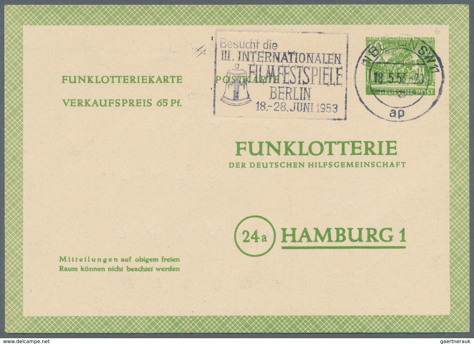 Berlin - Ganzsachen: 1952/1953. Lot von 15 Funklotterie-PK 10 Pf Kolonnaden, je gebraucht mit je ver