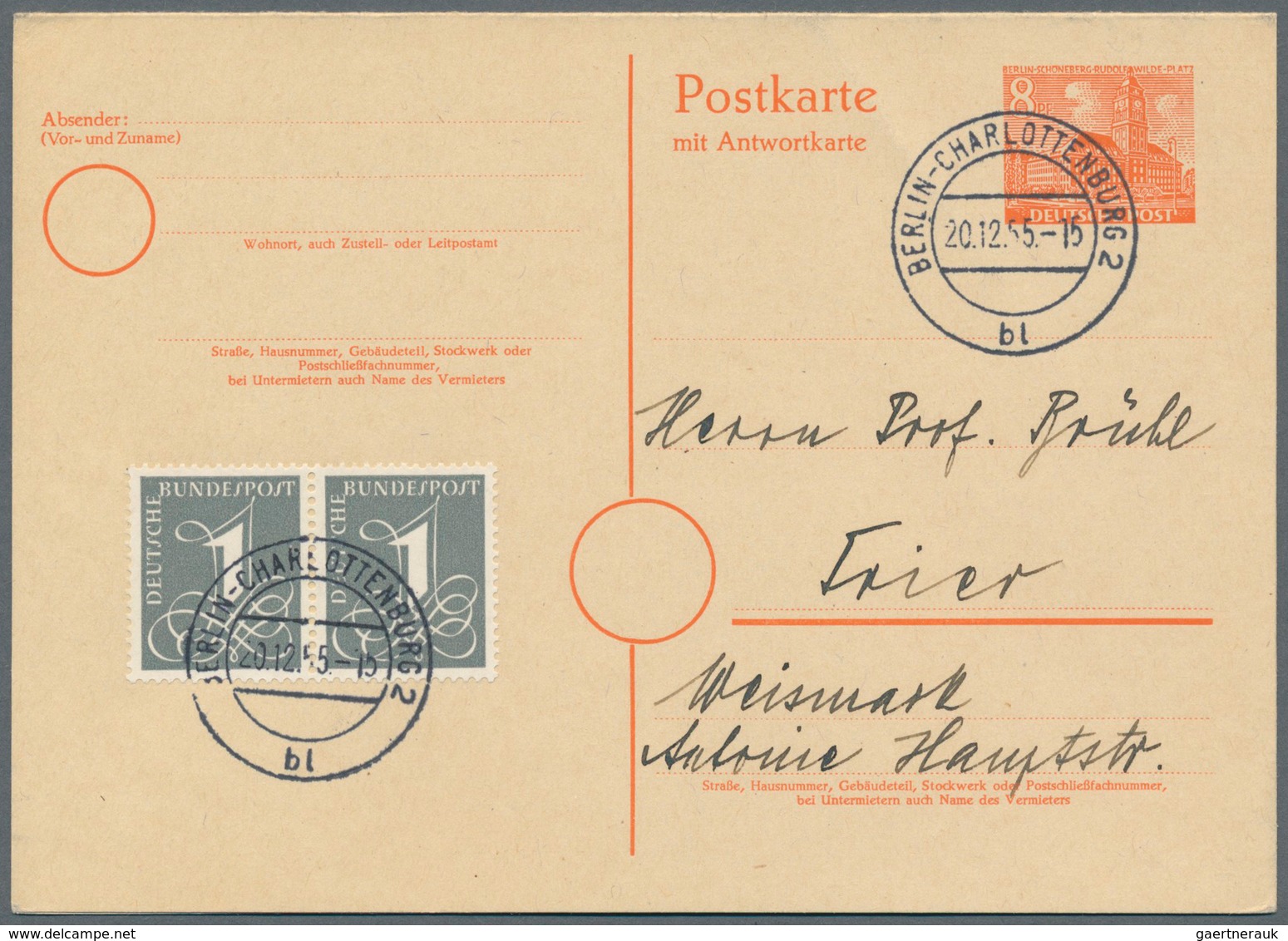 Berlin - Ganzsachen: 1955, Doppelkarte 8+8 Pf Rotorange Schöneberg, Gebraucht Mit 2 Pf Zfr Von "Berl - Other & Unclassified