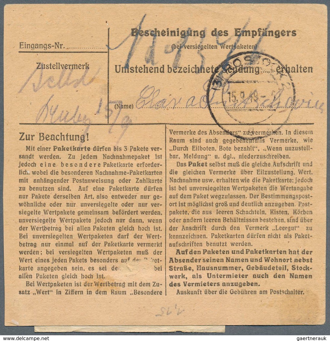 Berlin - Postkrieg: 1949: 2 DM Und 60 Pfg Rotaufdruck Mit 5 Pfg Bauten (Paar) Zusammen Auf Paketkart - Autres & Non Classés