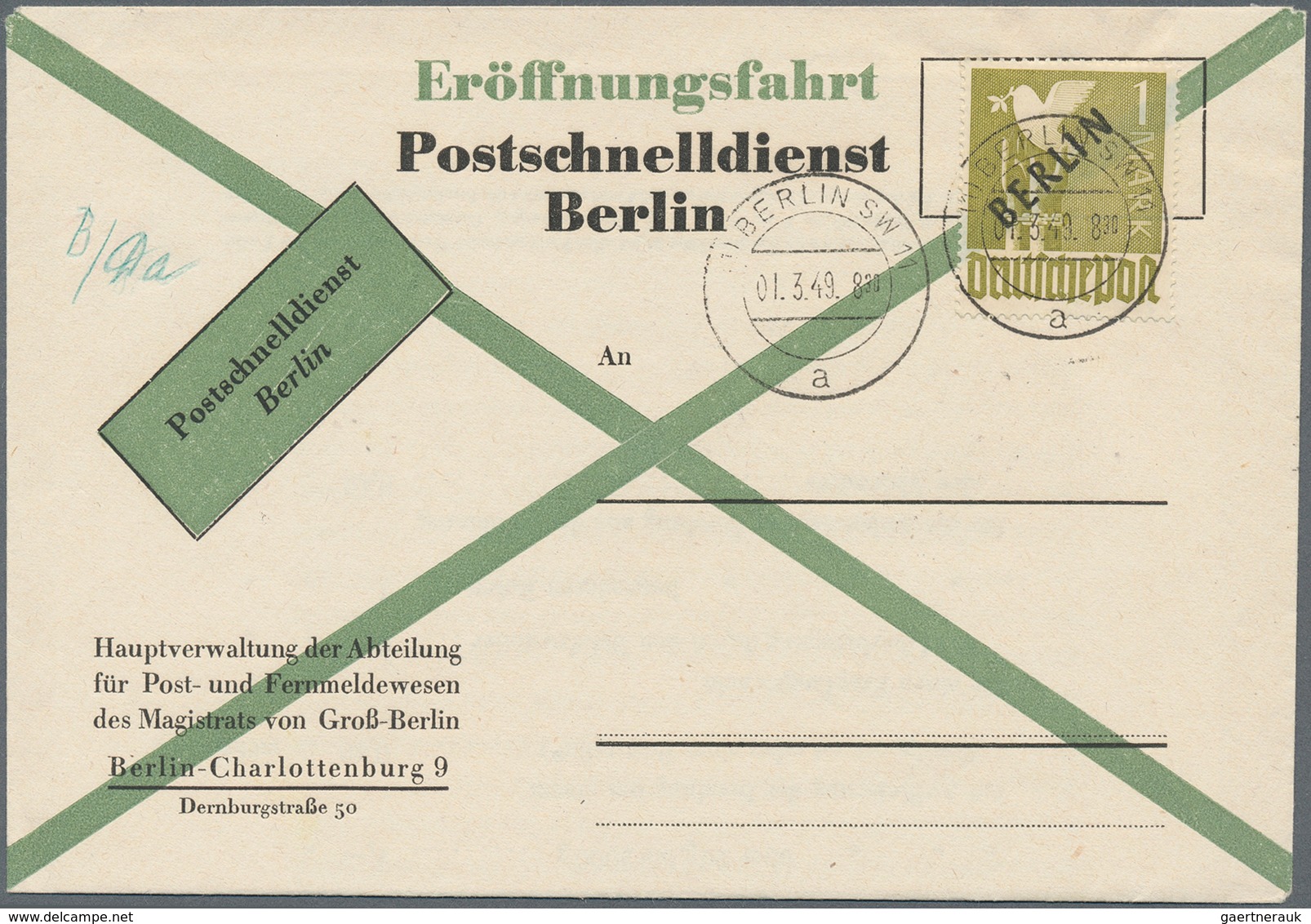 Berlin - Postschnelldienst: 1 Mk Schwarzaufdruck Auf Laufzeit-Kontroll FDC (mit Einlagezettel) Der L - Brieven En Documenten