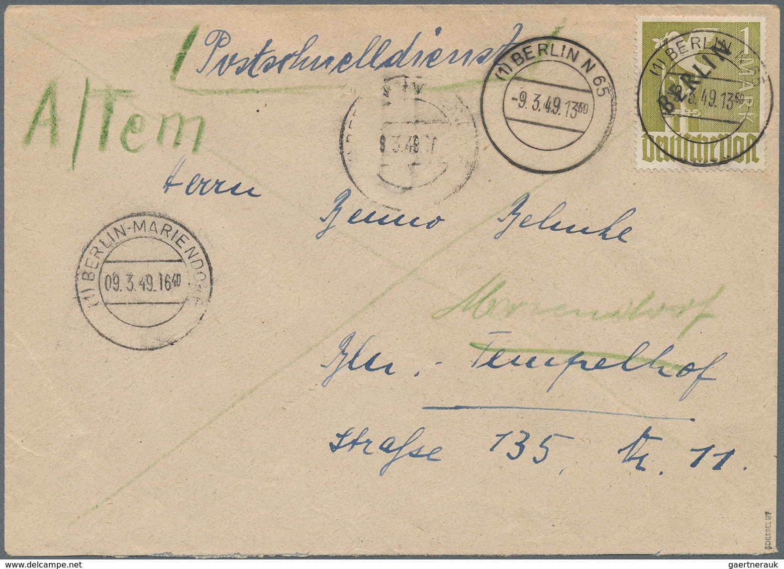 Berlin - Postschnelldienst: 1 Mk Schwarzaufdruck Als EF Auf Postschnelldienstbf. Ab Berlin N65 Vom 9 - Brieven En Documenten